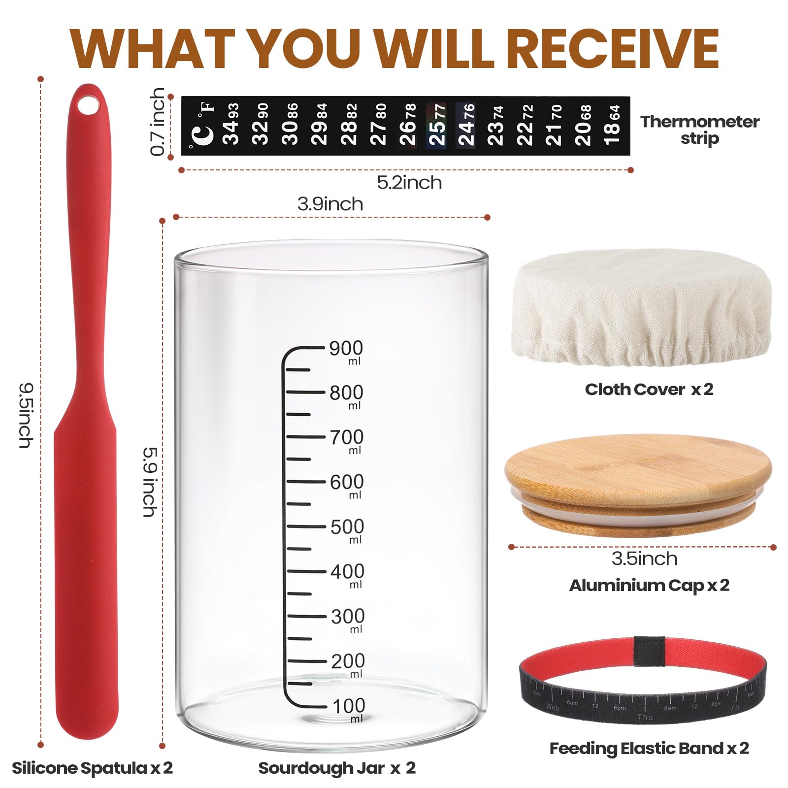 2-Pack 34 oz Sourdough Starter Kit with Thermometer, Scraper, Cloth Cover & Bamboo Lid - Wide Mouth Glass Jar for Homemade Bread Baking - Perfect for Artisan Sourdough, Pizza Dough & Fermented Foods
