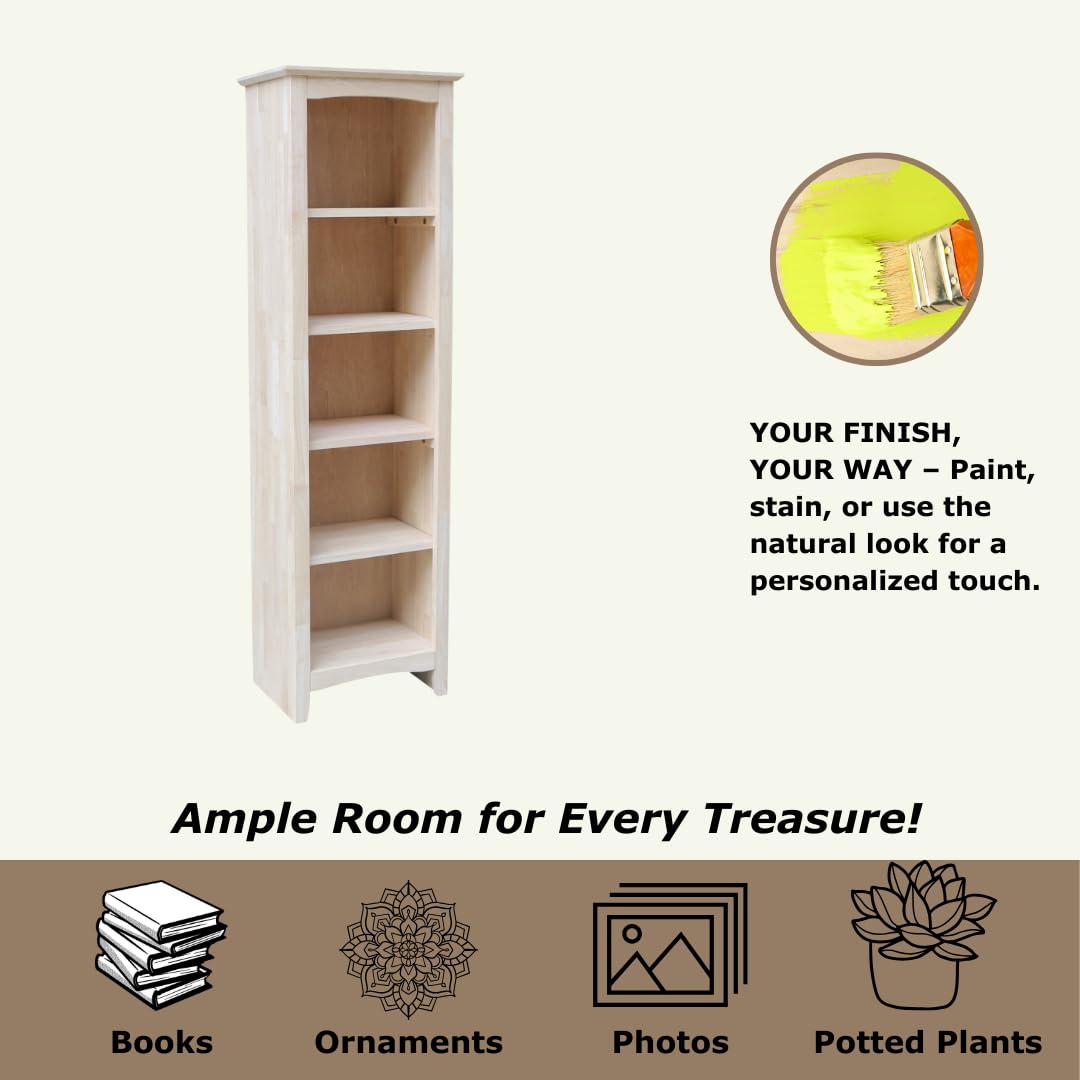 IC International Concepts 60-Inch Tall Shaker Style Solid Wood Bookcase - 5-Shelf Storage Organizer for Home, Office & Library - Unfinished Wood Bookshelf for Displaying Books, Decor & Collectibles