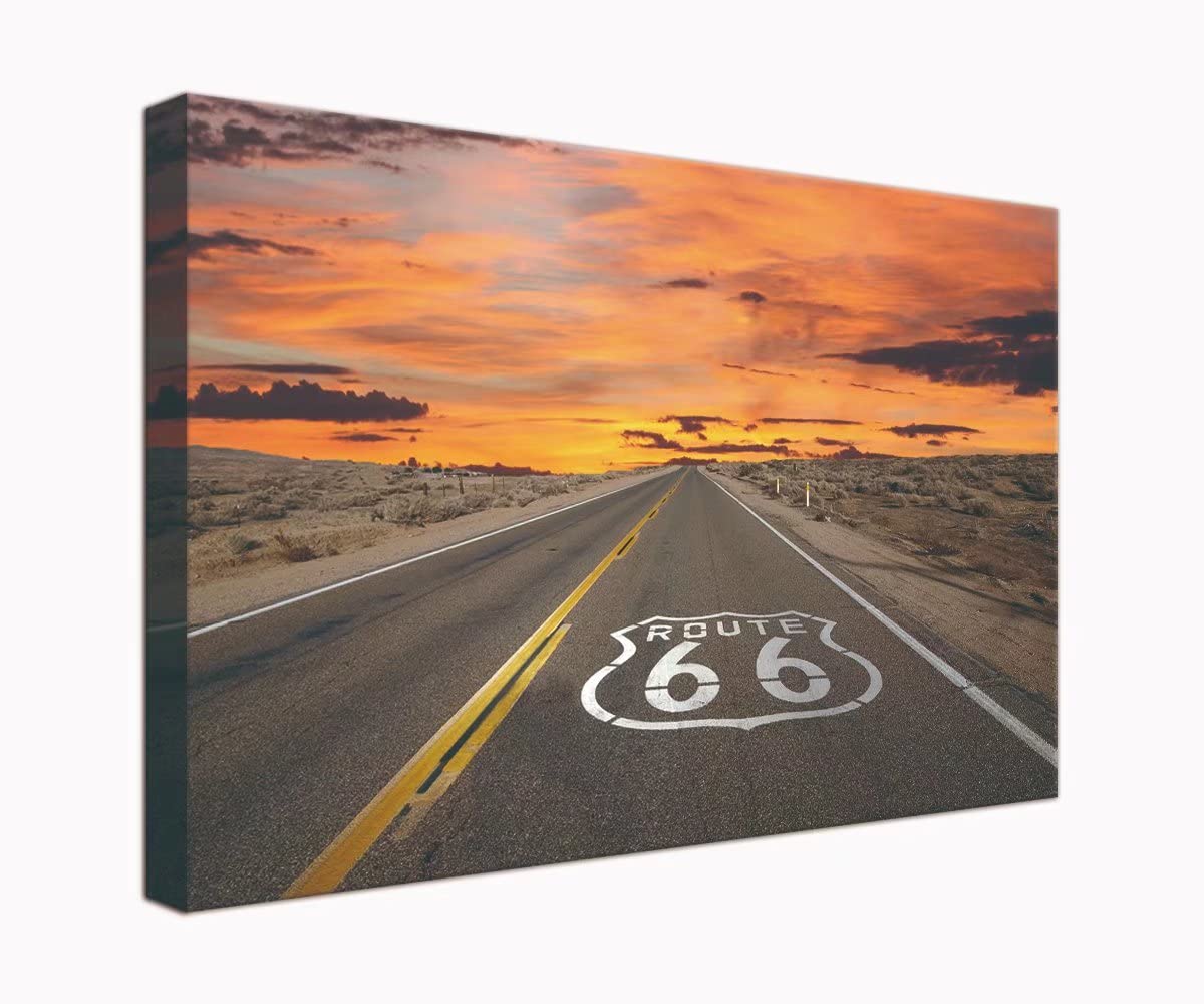 Route 66 Canvas Wall Art - Framed Desert Road Scenery Painting for Office, Living Room, Bedroom & Bathroom Decor | Ready to Hang Home Wall Decor | Perfect for Southwest Style, Vintage & Travel Theme Interiors