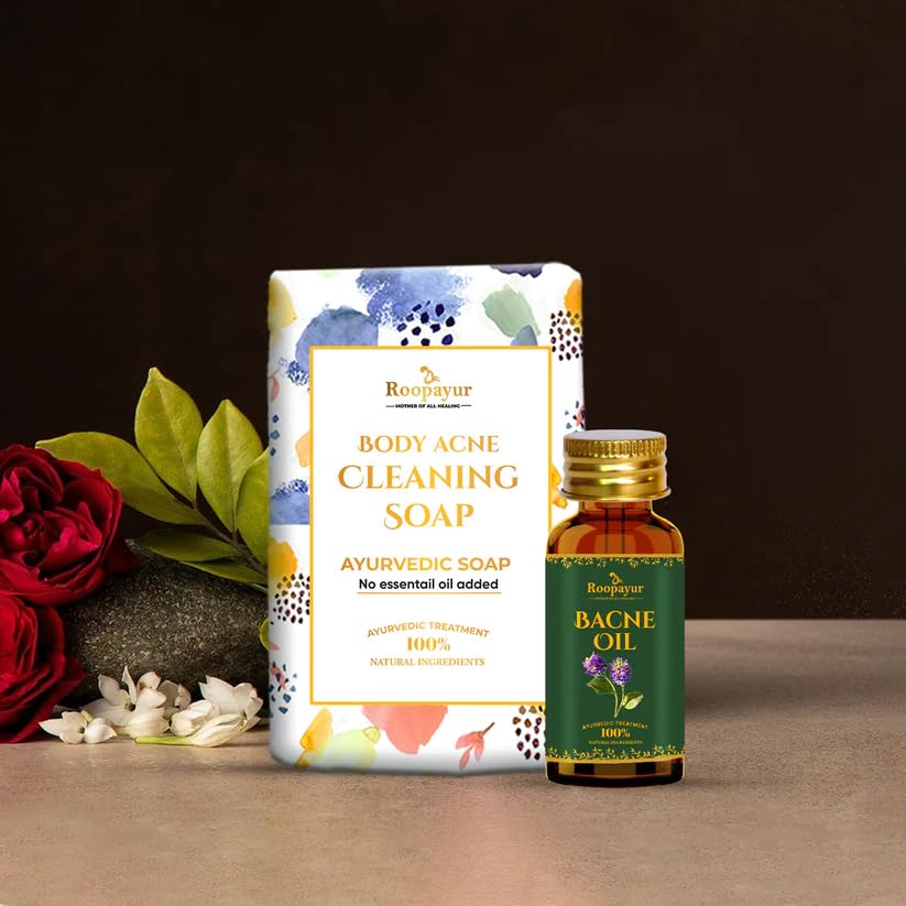 Roopayur Body Acne Cleansing Soap & Bacne Oil Combo Set - Treats Back Acne, Chest & Shoulder Breakouts - Natural Skincare for Clear Skin at Home & Gym