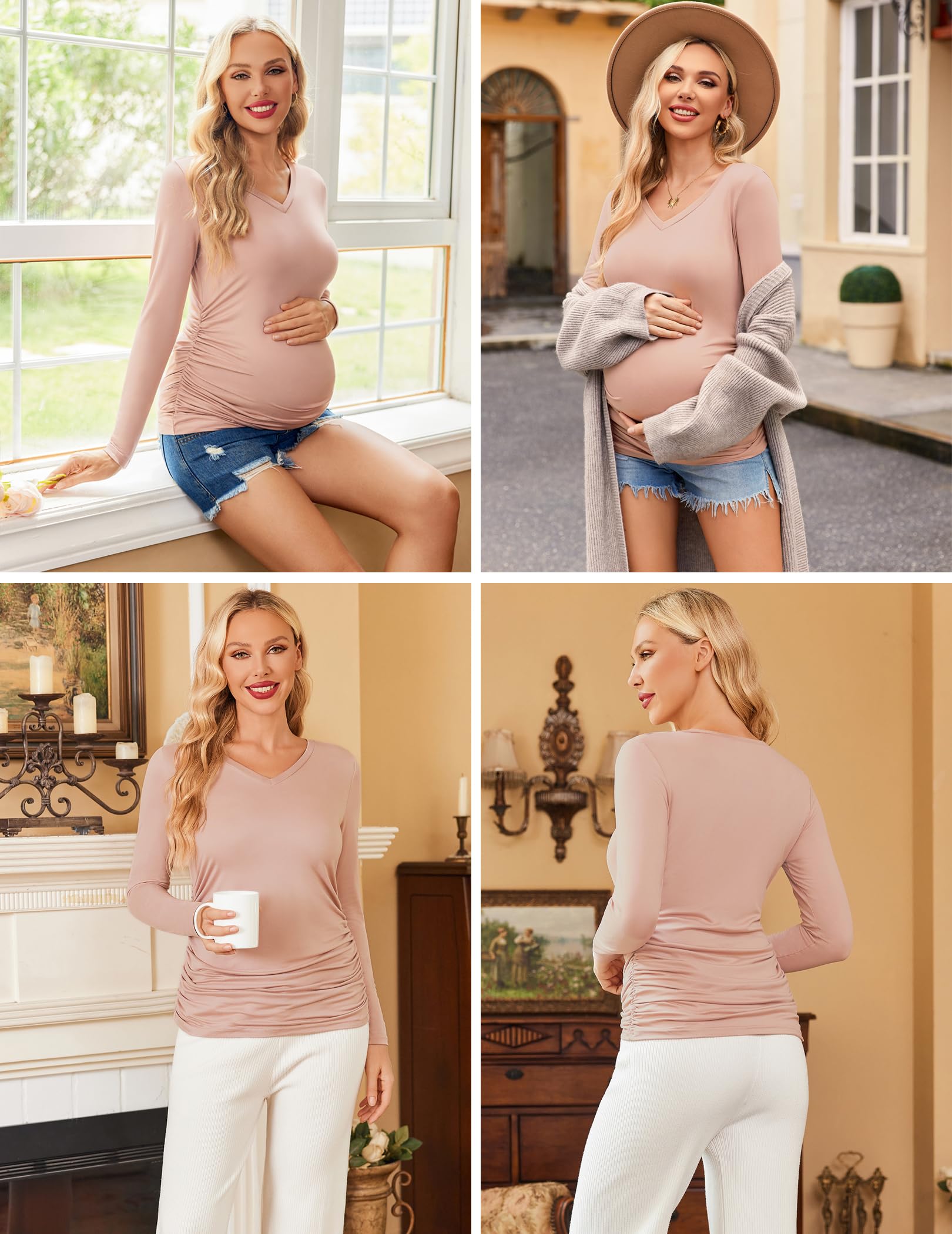Ekouaer Women's Maternity Shirts 3 Pack - Long Sleeve V-Neck Pregnancy Tops & Tunics for Fall (S-XXL) | Comfortable Nursing Clothes for Expecting Moms at Work or Home
