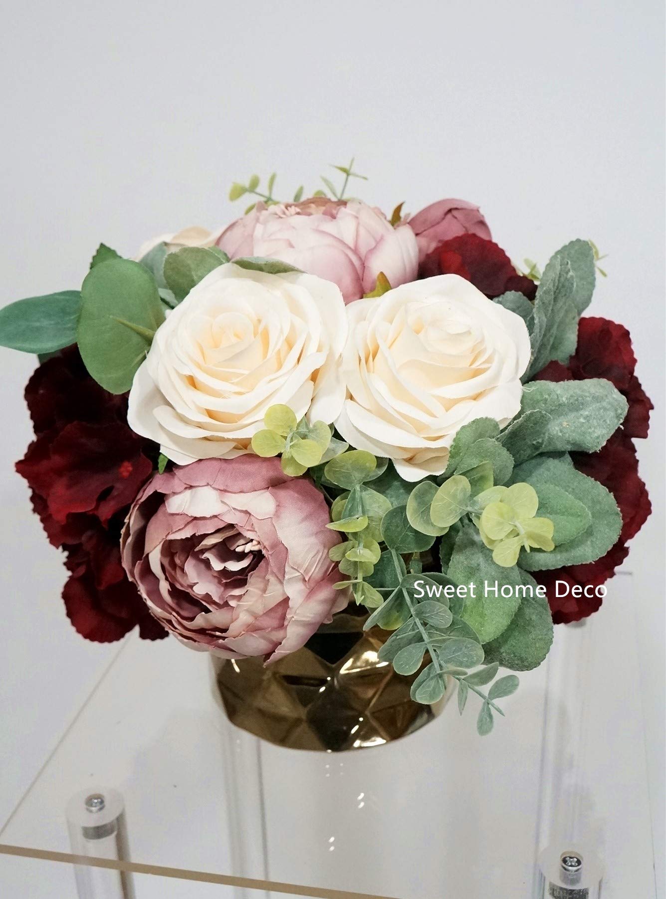 10'' Silk Hydrangea Peony Mixed Floral Arrangement with Gold Ceramic Vase - Burgundy Wedding Centerpiece & Home Decor for Living Room, Dining Table, Office Desk