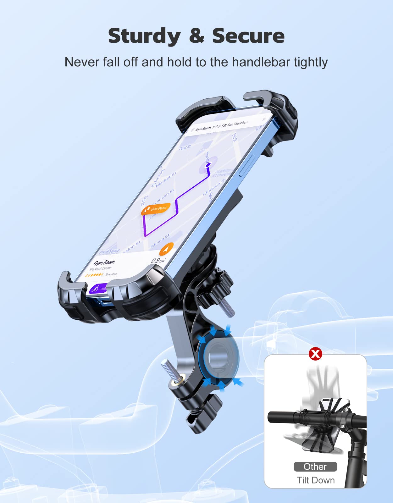 Rolgno Universal Bike Phone Mount - 360° Rotatable Motorcycle Phone Holder with Secure Lock & Detachable Design | Compatible with iPhone 16/15/14/13/12, Samsung Galaxy S24/S23/S22 & 4.7-6.8