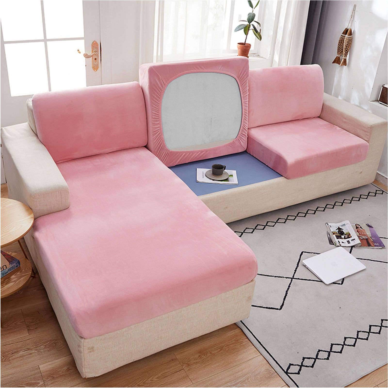 MO&SU Velvet Stretch Sofa Slipcover for L-Shaped Sectional Couch - 1/2/3 Seat Cushion Cover with Backrest Protector - Soft Pink Furniture Protector for Living Room, Lounge & Home Decor