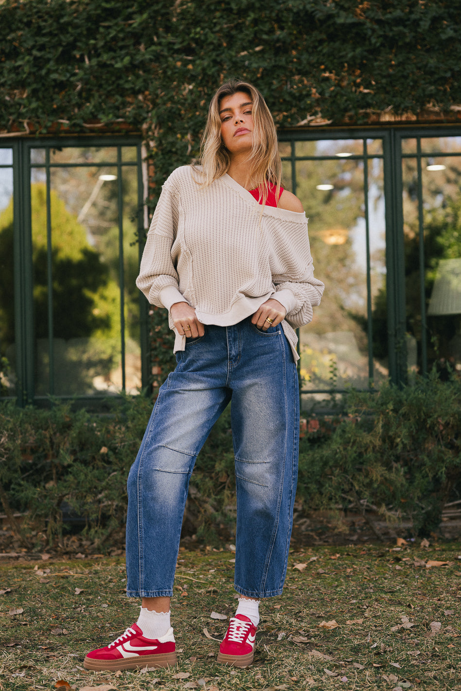 Ellis Waffle Knit Top Women's Light Grey Long Sleeve Casual Shirt - Perfect for Fall Layering, Coffee Dates & Weekend Outfits