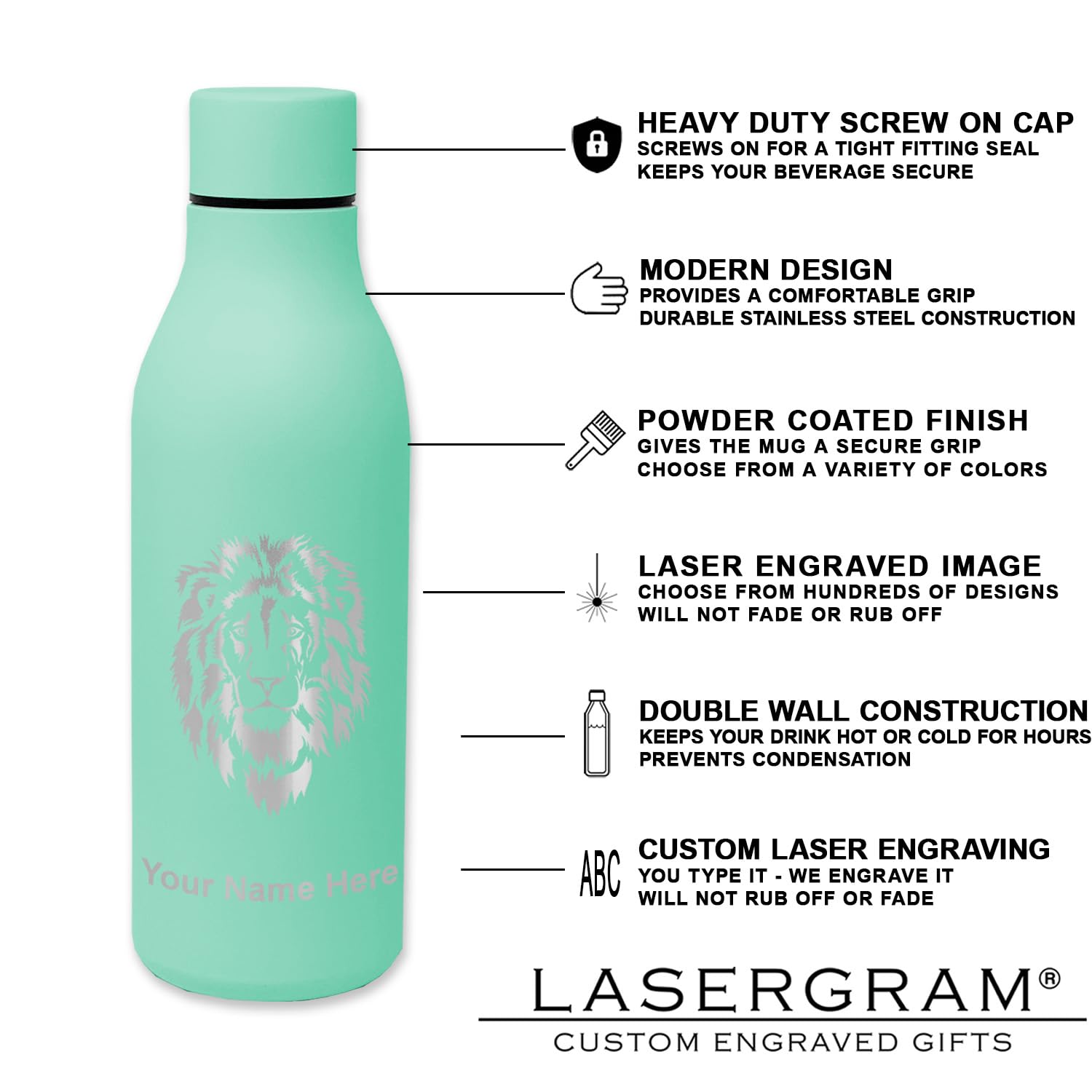 LaserGram Double Wall Insulated Stainless Steel Water Bottle with Panda Bear Design - Personalized Engraving Included | Perfect for Gym, Hiking & Outdoor Activities