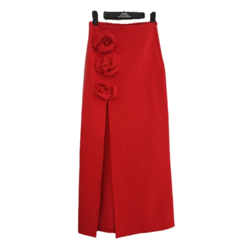 French Sexy Red High Waist Long Skirt for Women - Premium Split Design with 3D Rose Embroidery, Luxury Maxi Skirts (Faldas) - Perfect for Date Nights, Parties & Special Occasions