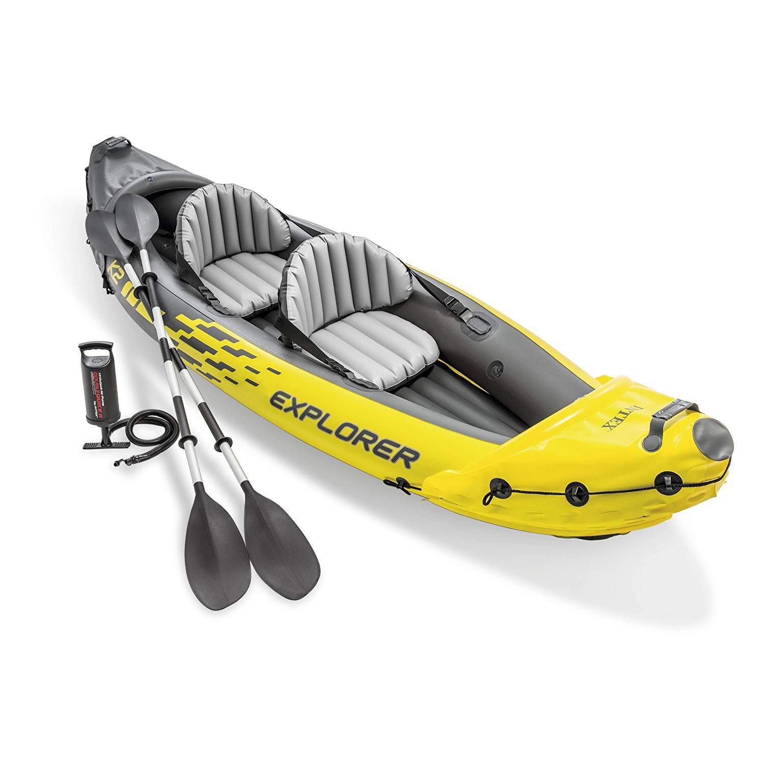 Intex Explorer K2 2-Person Inflatable Kayak with Aluminum Oars & Pump - Intex Challenger K1 1-Person Inflatable Kayak with Oar & Hand Pump - Portable Kayaks for Lakes, Rivers & Recreational Water Sports