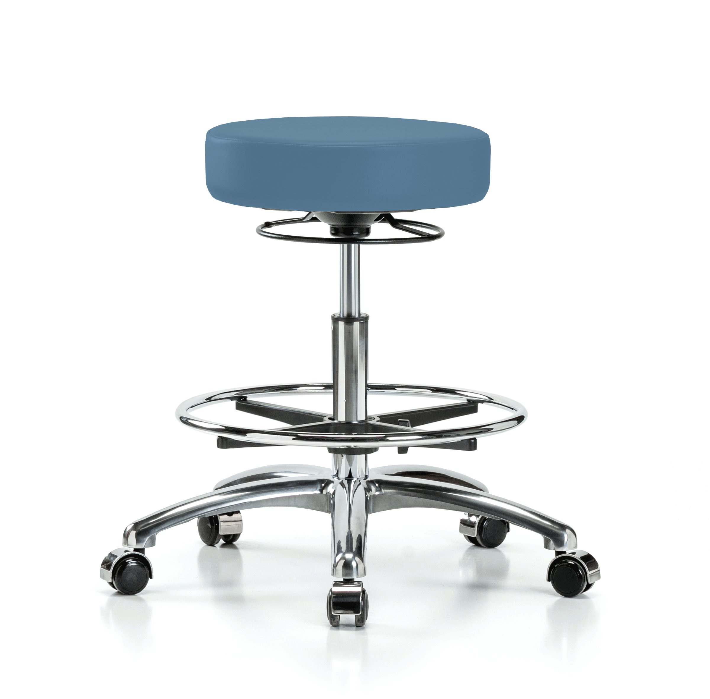 Perch Chrome 360° Swivel Massage Stool - Adjustable Height Rolling Stool for Hardwood & Tile Floors | 300 lb Capacity Workbench Stool with Foot Ring | Colonial Blue Vinyl Upholstery | Perfect for Massage Therapy, Salon Styling & Barber Chairs