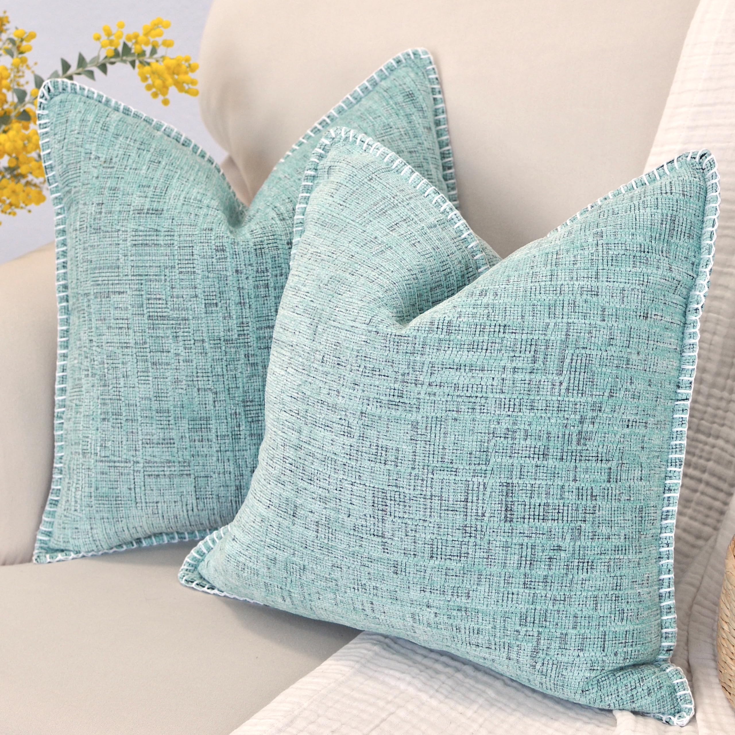 18x18 Inch Mint Green Chenille Pillow Covers Set of 2 - Soft Textured Decorative Square Cushion Covers for Sofa, Couch & Living Room Decor | Cozy Home Accessories for Modern Farmhouse, Apartment & Bedroom Styling