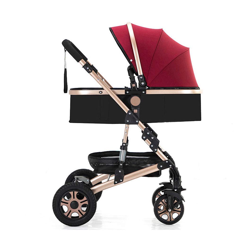 QWK Foldable Infant Stroller with Shock Absorber, Toddler Seat, Cup Holder & Mosquito Net - Wine Red Baby Carriage for Newborns to 3 Years | Perfect for Park Walks, Shopping & Travel