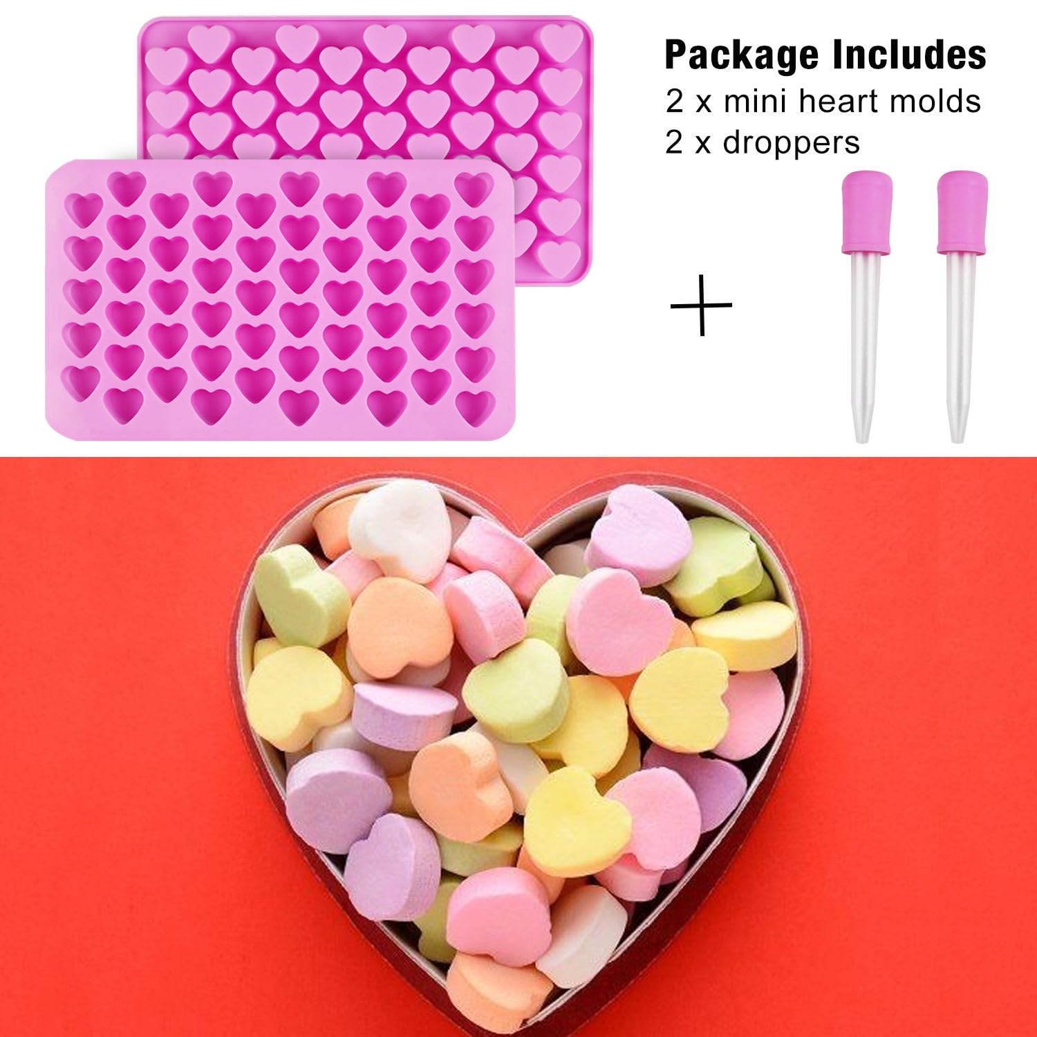 Premium 2-Pack Silicone Heart Molds for Wax Melts, Candles & DIY Crafts - Includes 2 Droppers - Perfect for Chocolate, Gummies, Soap, Ice Cubes & Valentine's Gifts - Ideal for Home Decor, Party Favors & Romantic DIY Projects