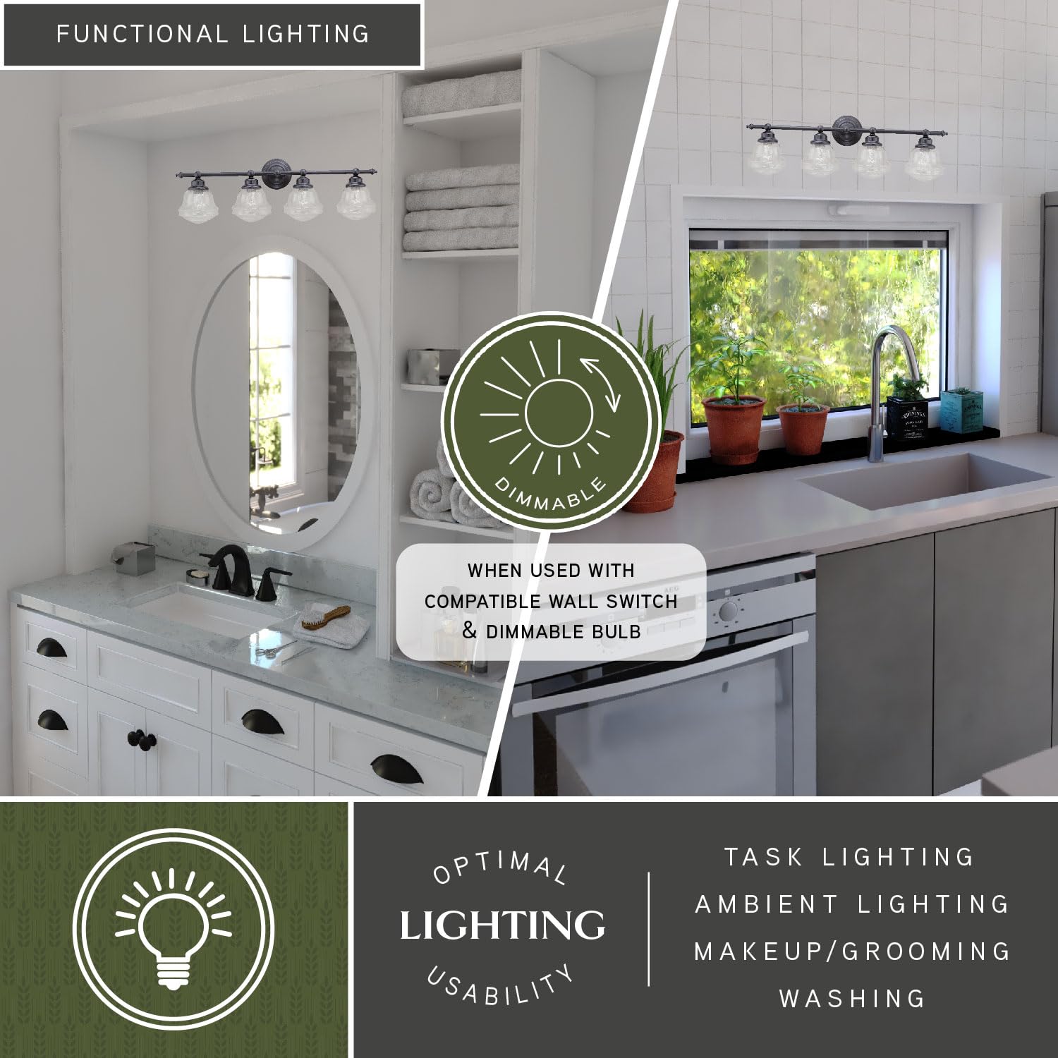 4-Light Bronze Farmhouse Schoolhouse Bathroom Vanity Light Fixture - Vintage Style Lighting for Bathroom, Powder Room & Dressing Area