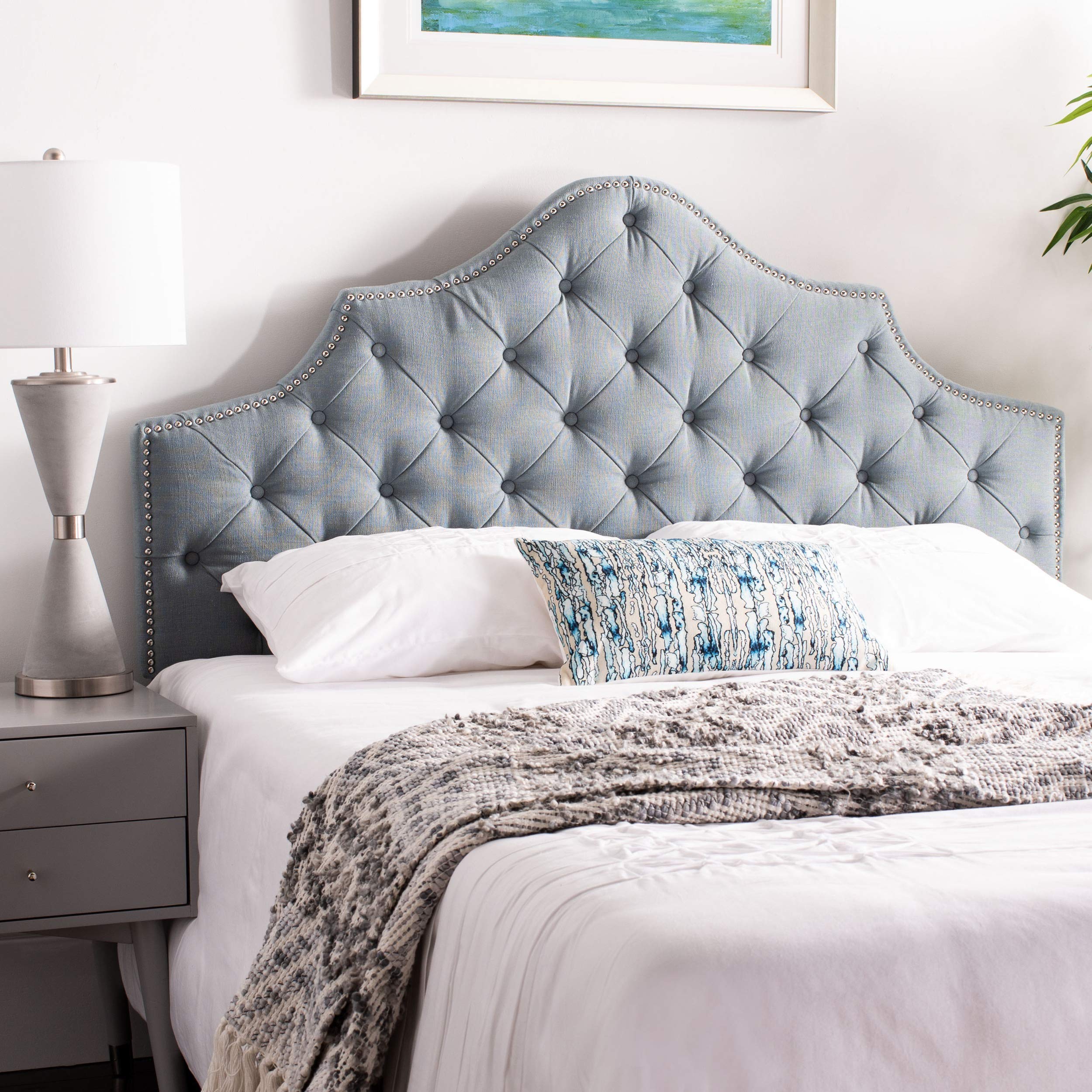 Safavieh Arebelle Sky Blue Upholstered Tufted Headboard with Silver Nailhead Trim - Queen Size Bed Frame for Modern Bedroom Decor