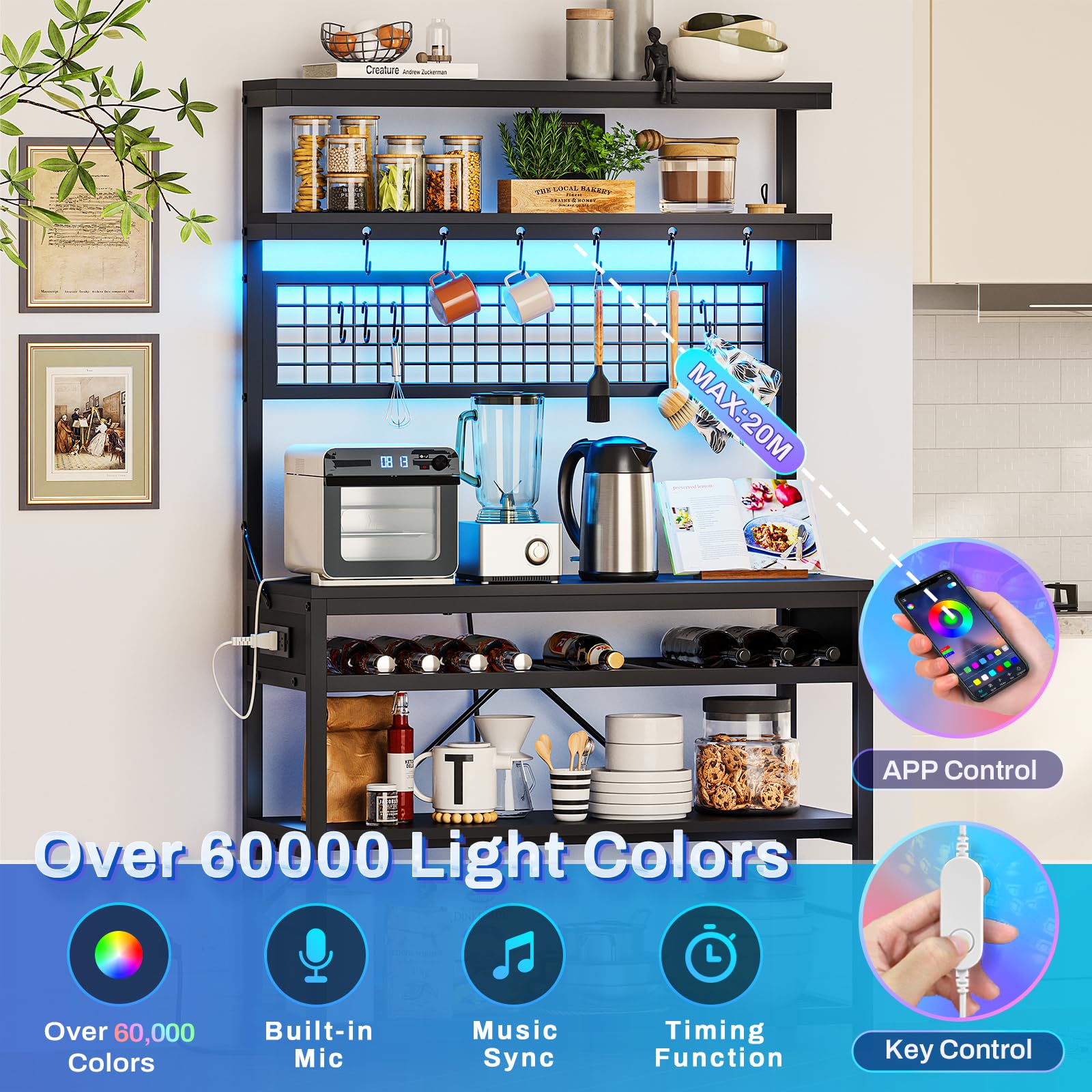 **Itaar 6-Tier Bakers Rack with Power Outlet, Coffee Bar & Microwave Stand – Includes Wine Rack, LED Lights & 10 Hooks – Kitchen Storage Organizer for Small Spaces, Black – Perfect for Coffee Stations, Pantry Organization & Home Decor**