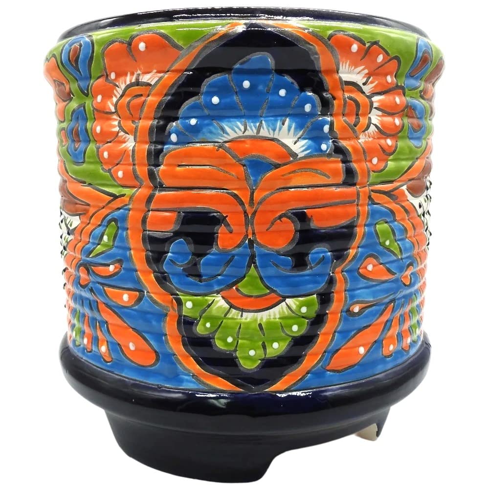 Hand Painted Glazed Ceramic Cylinder Planter Pot with Rings - Medium Size for Indoor & Outdoor Plants - Perfect for Succulents, Herbs & Home Decor