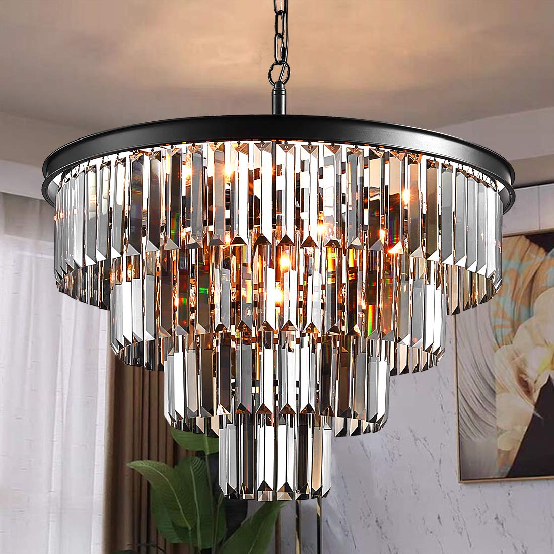 Luxury Black Smoke Crystal Chandelier - 4-Tier Modern Pendant Ceiling Light Fixture for Dining Room, Living Room, Bedroom & Girls Room (23.6