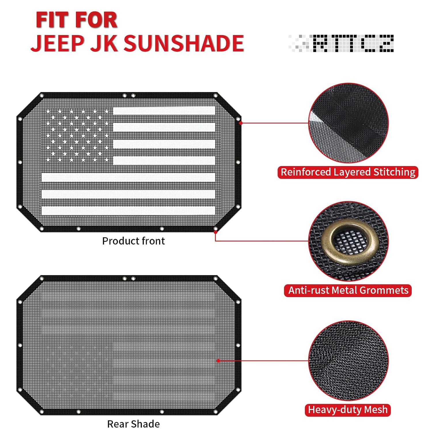 RT-TCZ Jeep Wrangler JK Front Top Shade | American Flag Bikini Sunshade Mesh Cover for 2007-2017 JK & JKU Models | Perfect for Summer Beach Trips & Off-Road Adventures