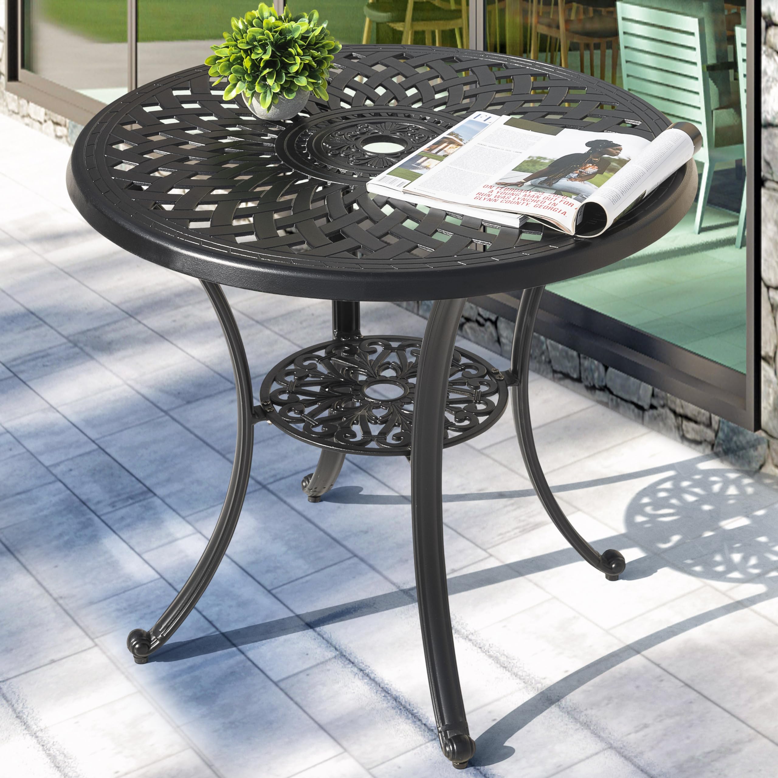NUU GARDEN 31 Inch Round Outdoor Dining Table - Cast Aluminum Patio Table with Umbrella Hole - Weather-Resistant Bistro Table for Backyard, Garden, Deck, Porch - Black with Antique Bronze Trim - Perfect for Outdoor Entertaining & Dining Al Fresco
