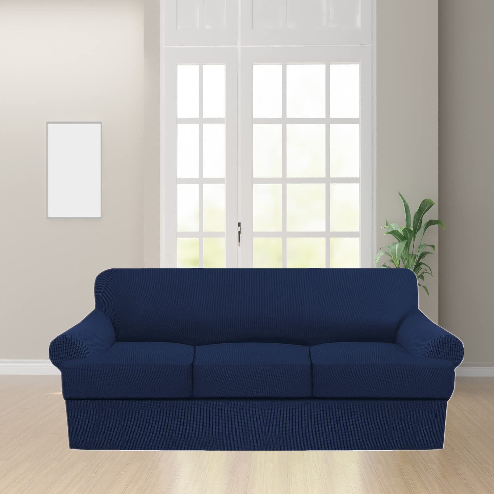 4-Piece T-Cushion Sofa Slipcovers - Thick Stretchable Couch Cover Furniture Protector for 3-Cushion Sofa with Washable Removable Covers - Navy Blue - Perfect for Living Room, Family Room & Home Decor Protection