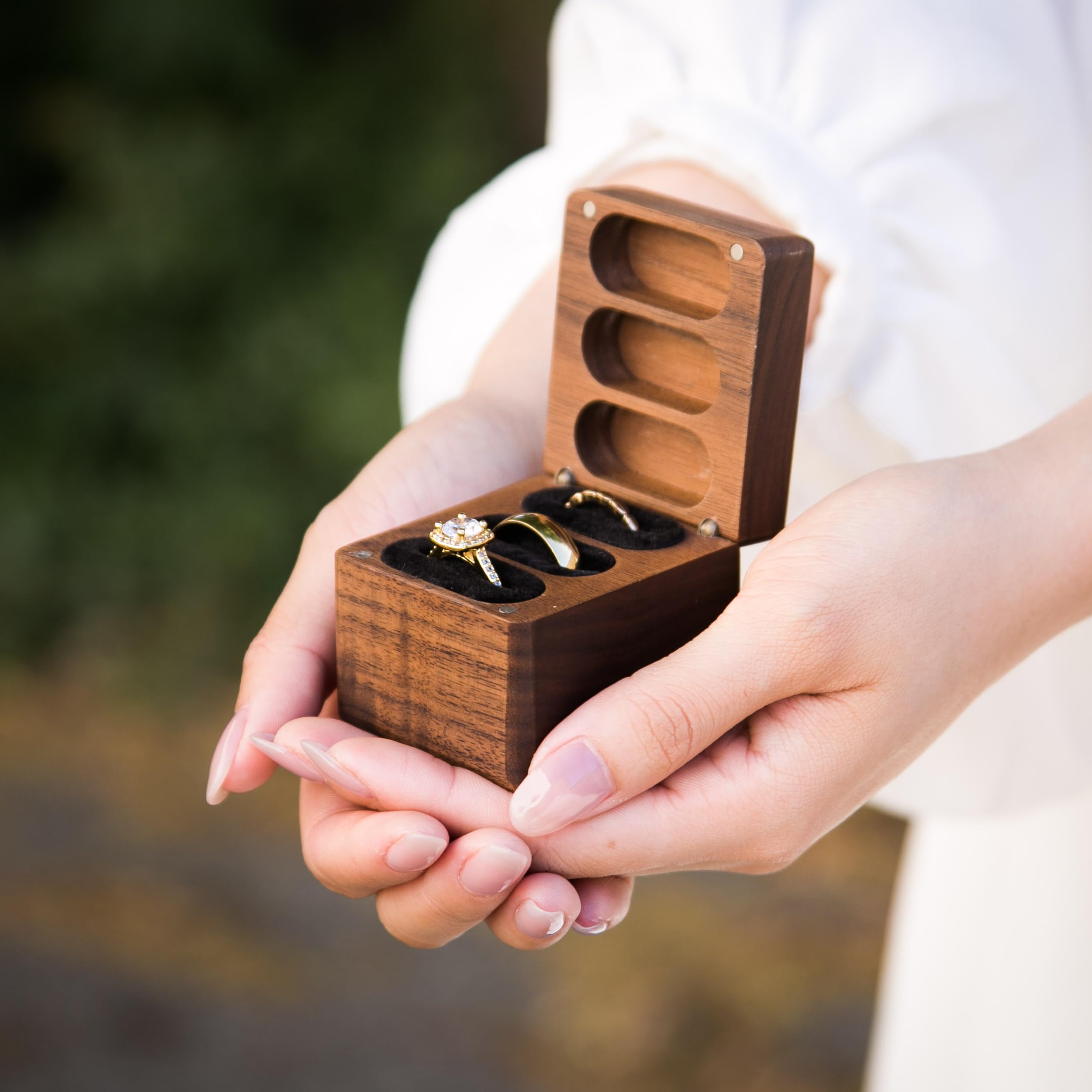 MUUJEE Wooden Triple Slot Ring Box - Wedding Ceremony Ring Bearer Box, Anniversary Birthday Gift for Couples - Engraved Wooden Ring Holder for Engagement, Promise & Wedding Rings - Perfect for Proposals, Vow Renewals & Bridal Showers