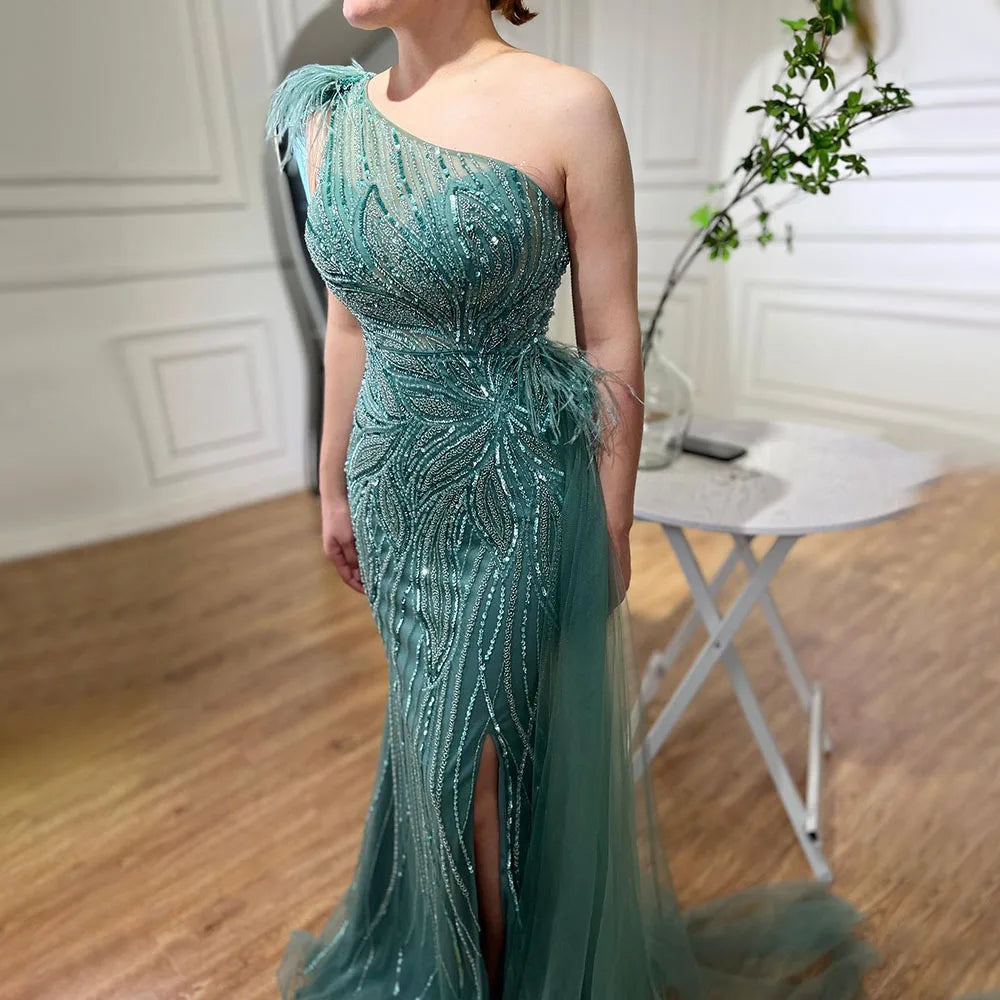 Serene Hill Turquoise Mermaid Evening Gown with High Split & Beaded Feather Skirt - Women's Sexy Party Dress 2025 (LA71955) | Perfect for Prom, Gala & Formal Events