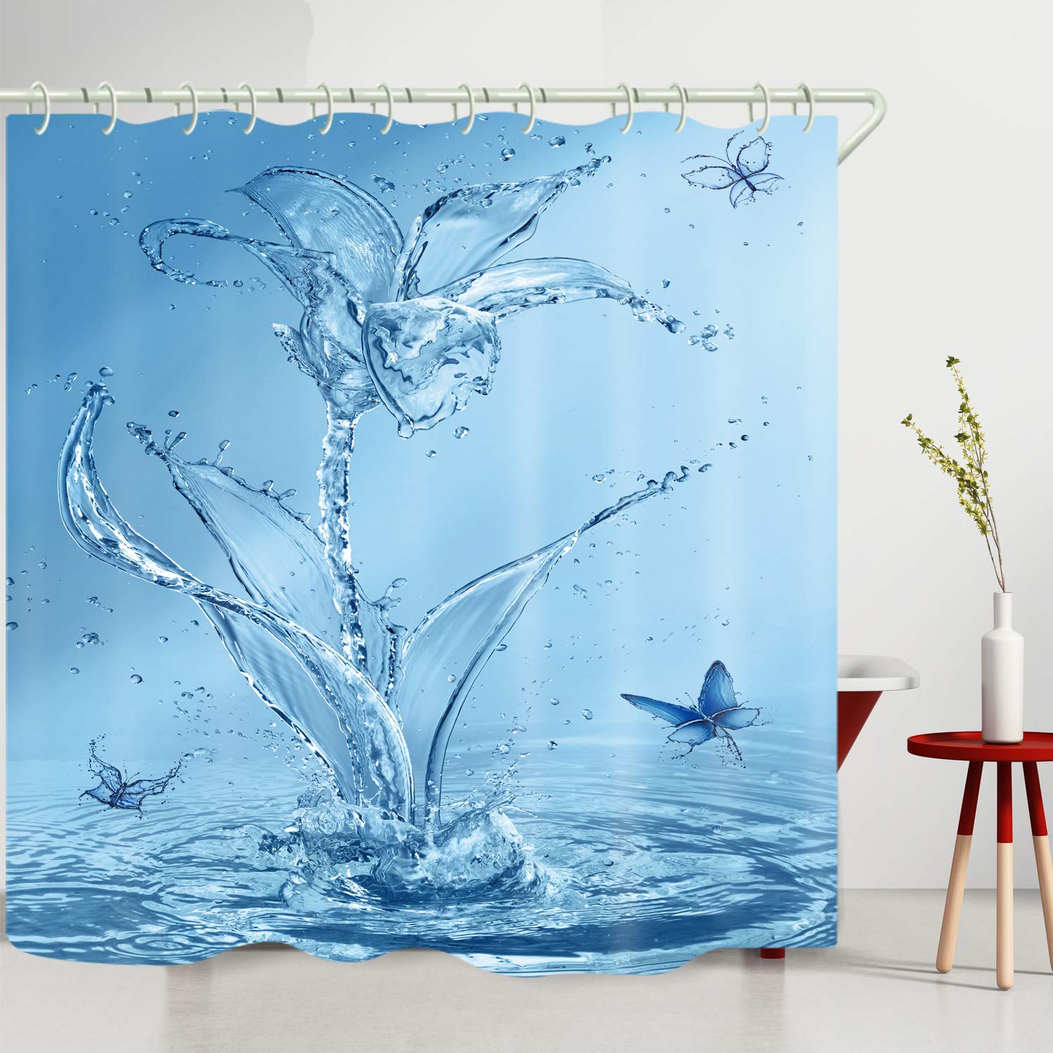 Waterproof Shower Curtain Set with Blue Splash Print - Polyester Fabric Bathroom Curtain with Hooks & Liners for Bathtub or Shower - Elegant Bathroom Decor for Modern Homes