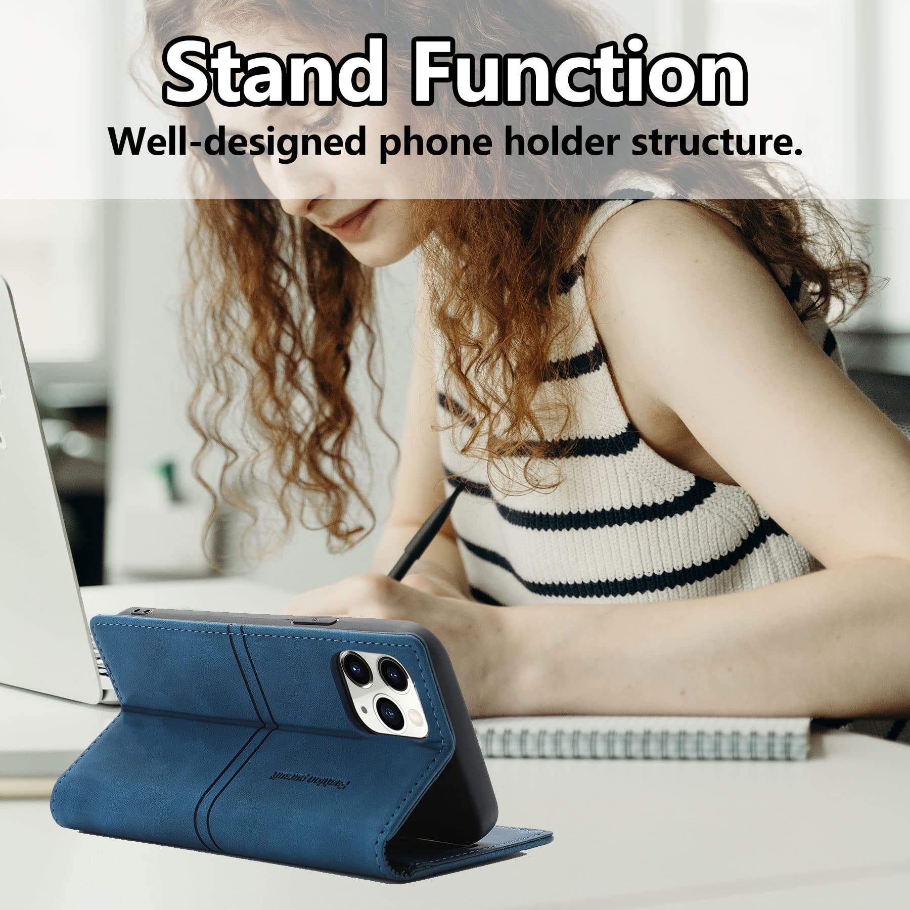 Premium PU Leather iPhone 13 Wallet Case with Card Holder, Kickstand & Shockproof TPU Shell - Blue (6.1 inch) | Perfect for Business, Travel & Everyday Protection