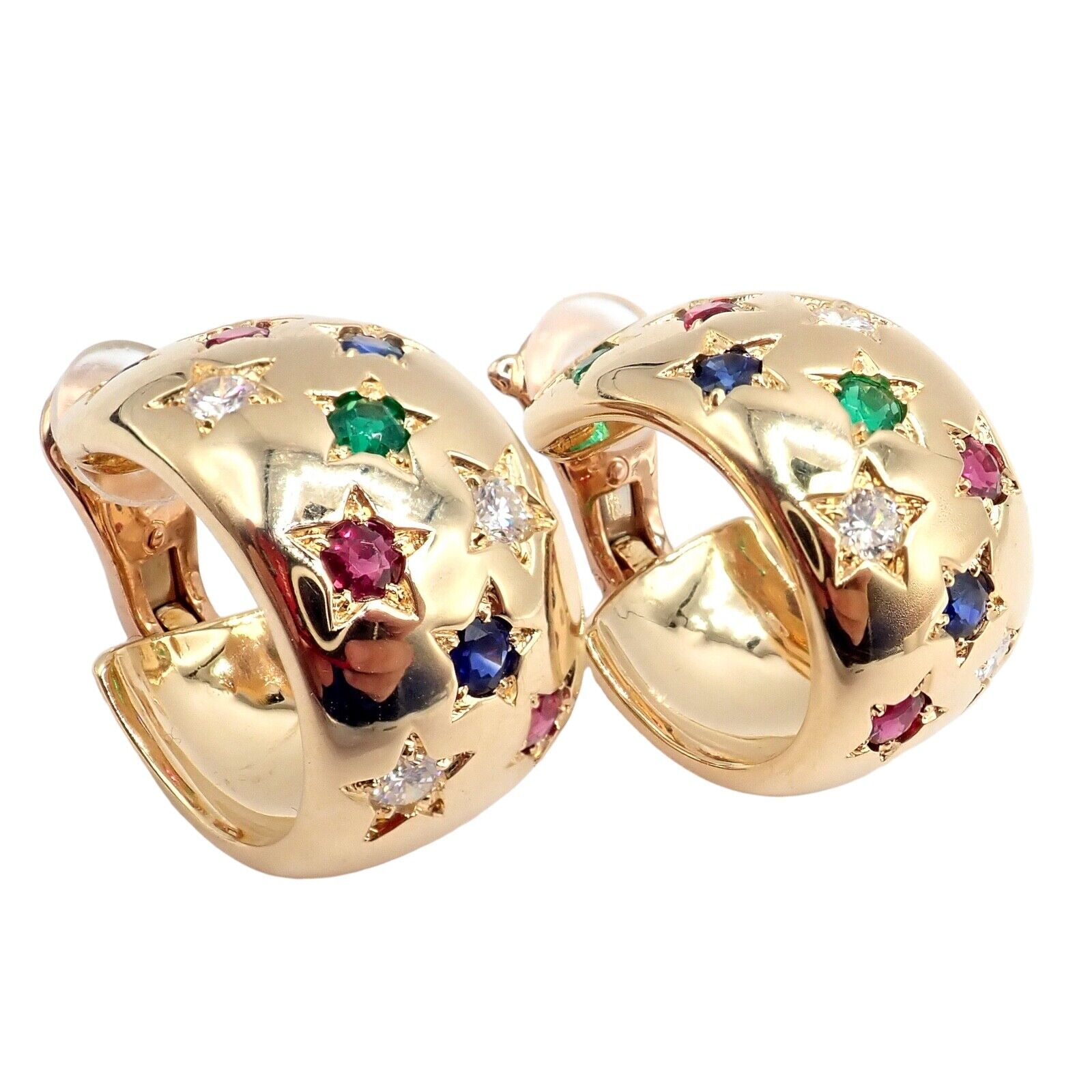 Authentic Cartier Star 18K Gold Hoop Earrings with Diamonds, Rubies, Emeralds & Sapphires | Luxury Jewelry for Women | Perfect for Weddings, Parties & Special Occasions