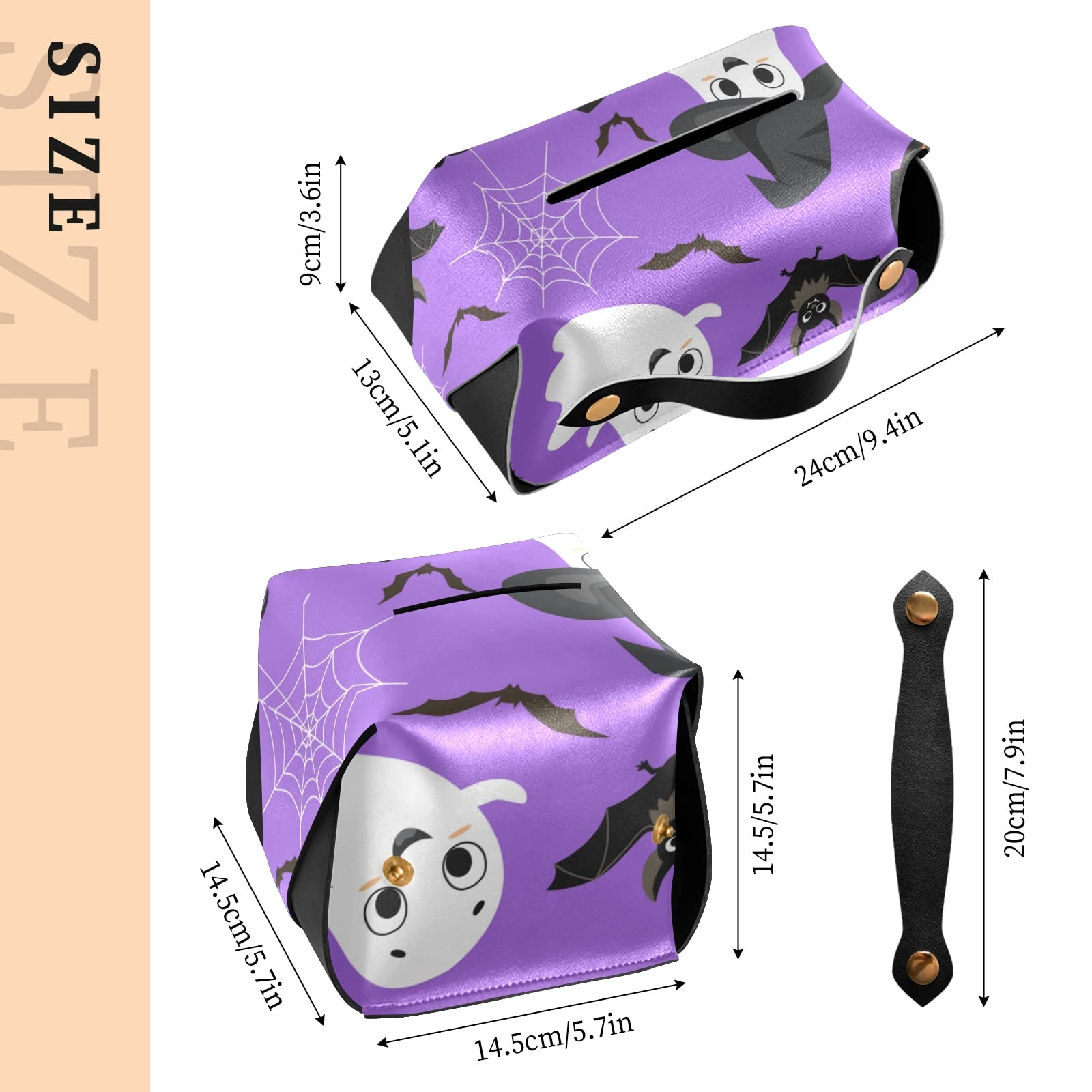 Halloween Tissue Box Cover - Purple Rectangle Leather with Pumpkins, Bats, Spider Web & White Ghosts - 9.4x5.1x3.6 Inch - Perfect for Bathroom, Home, Nightstand, Vanity, Office Desk & Car Decor