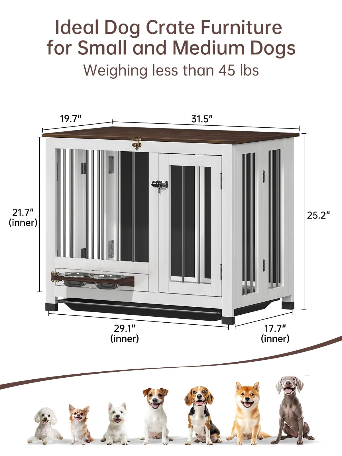 31.5'' Wooden Dog Crate Furniture - Foldable Indoor Kennel End Table with 360° Rotating Feeder & Detachable Tray | Sturdy Portable Pet Crate for Small & Medium Dogs | Perfect for Living Room, Bedroom & Home Decor