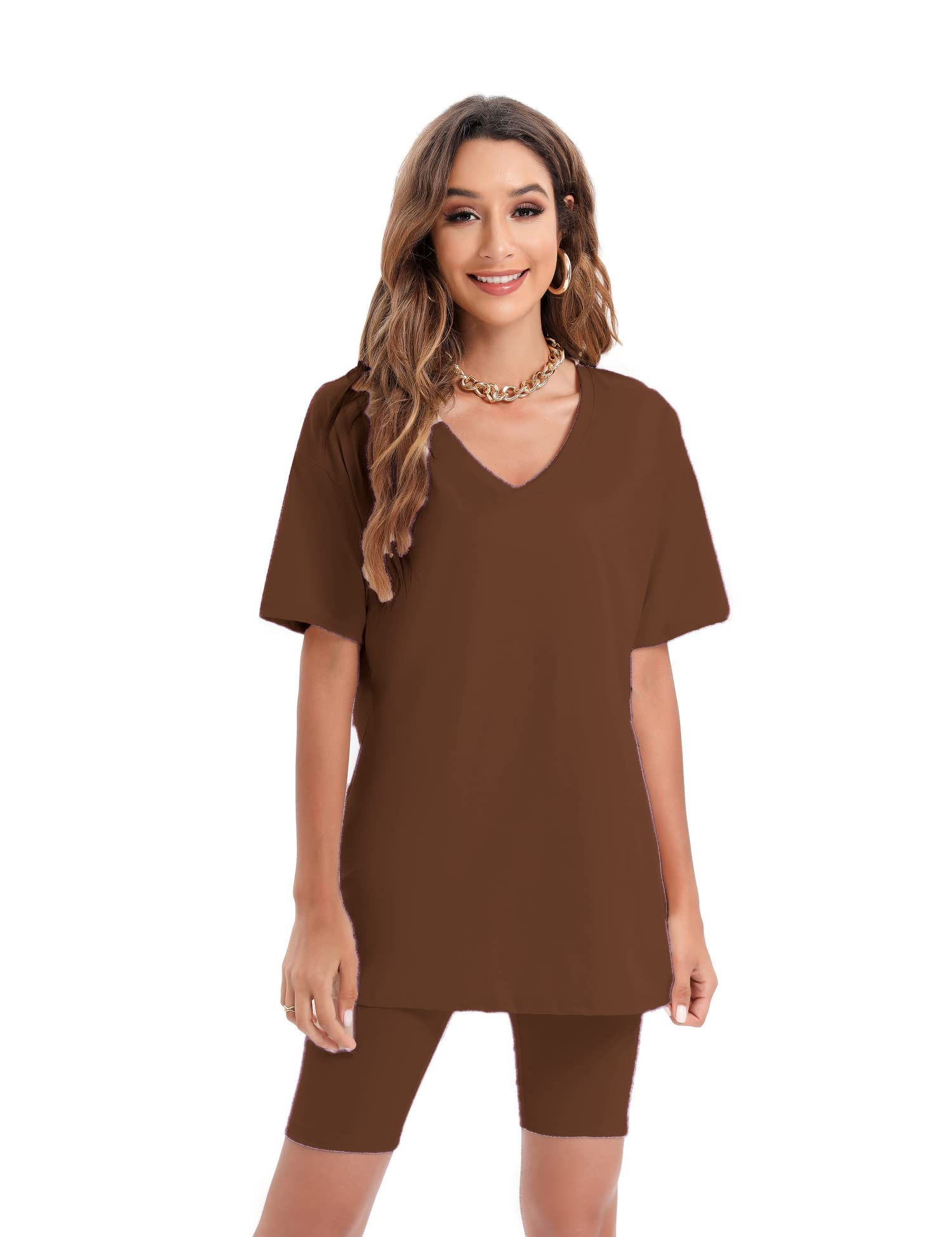 Youdiao Women's Summer Casual Two Piece Outfit - Oversized V-Neck T-Shirt & Biker Shorts Set | Lounge, Gym, Streetwear Fashion