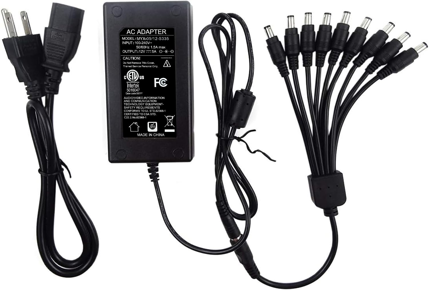 TIGERSECU 12V 5A Security Camera Power Adapter with 9-Way Splitter - 100V-240V 2.1x5.5mm Power Supply for Lorex, Samsung, Q-See, Night Owl, Swann, Annke IP & BNC Cameras - Ideal for Home & Business Surveillance Systems