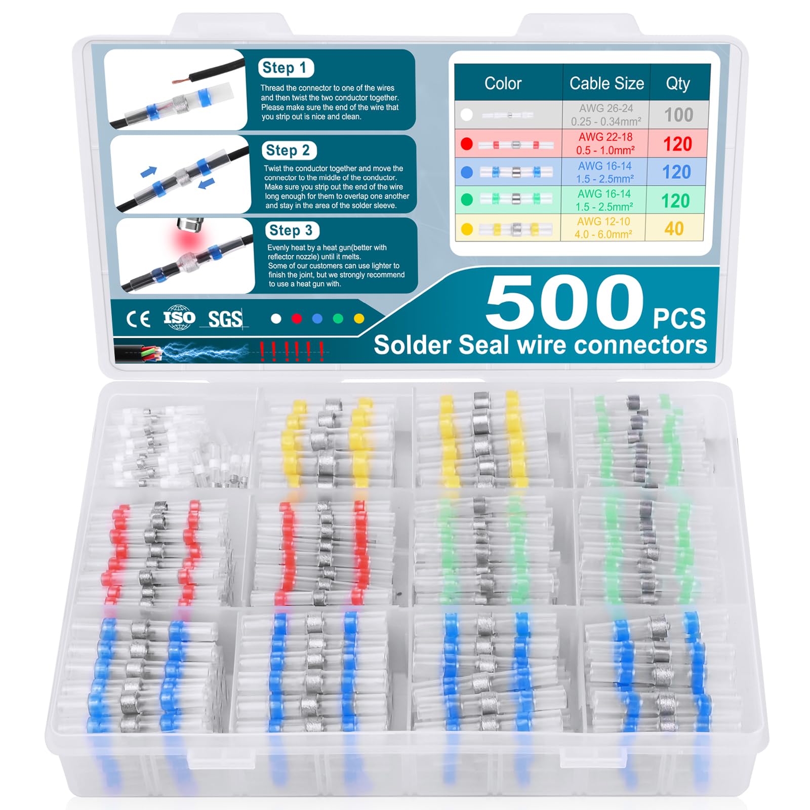 500PCS Self-Soldering Heat Shrink Wire Connectors Kit - Waterproof Solder Seal Butt Splice Terminals for Marine, Automotive, Boat & Truck Electrical Repairs | DIY Wiring Projects & Waterproof Connections