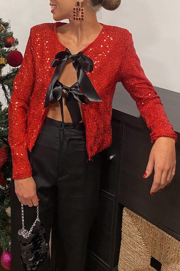 Elegant Tie-Front Bow Sequined Jacket for Women - Perfect for Parties & Date Nights | Two-Way Styling Options