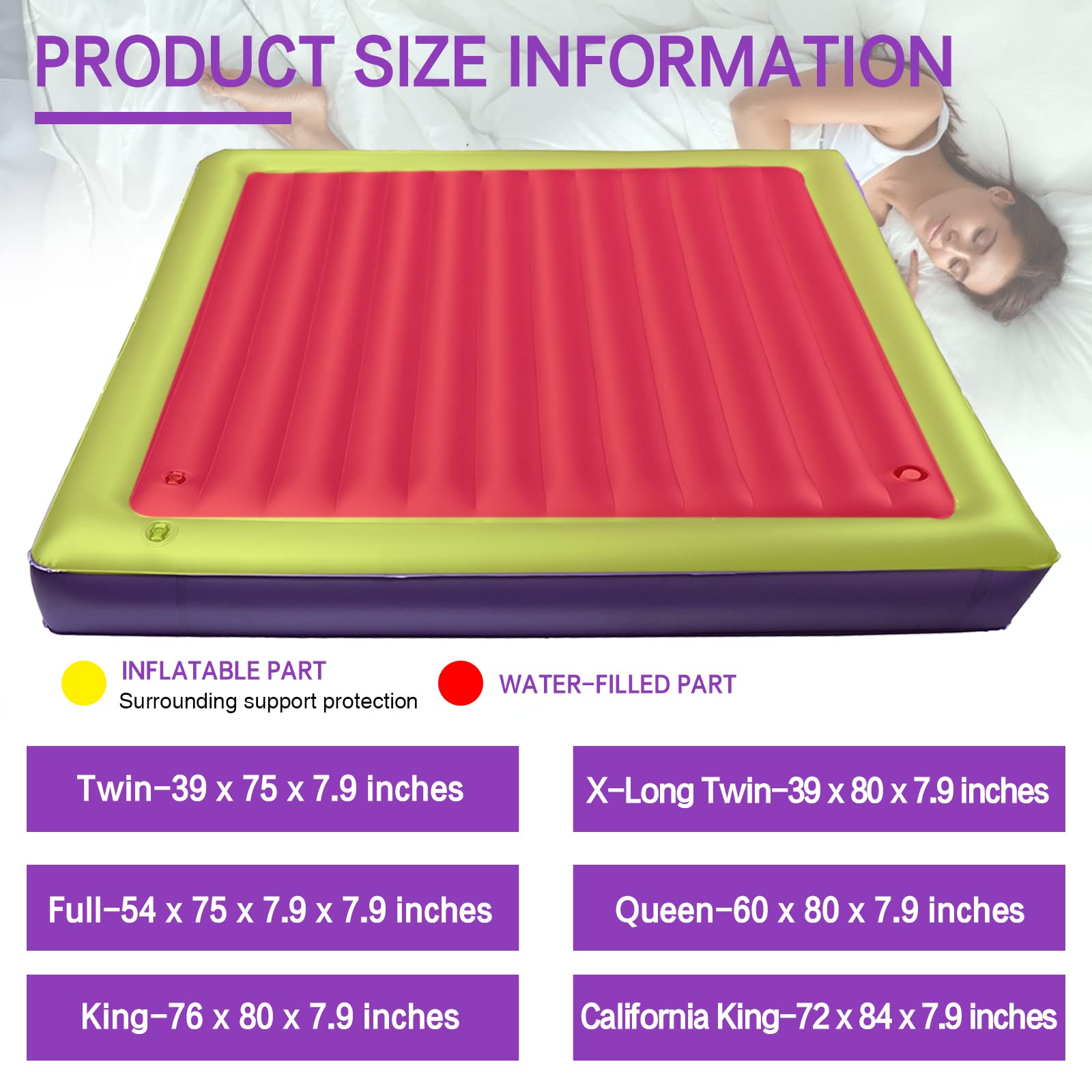 Dual-Purpose Square Waterbed Mattress - Air & Water Insert for Full Size X-Long Twin (39×80×7.9 Inch) with 50% Medium Wave Technology - Perfect for Home Bedrooms, Guest Rooms & Relaxation Spaces