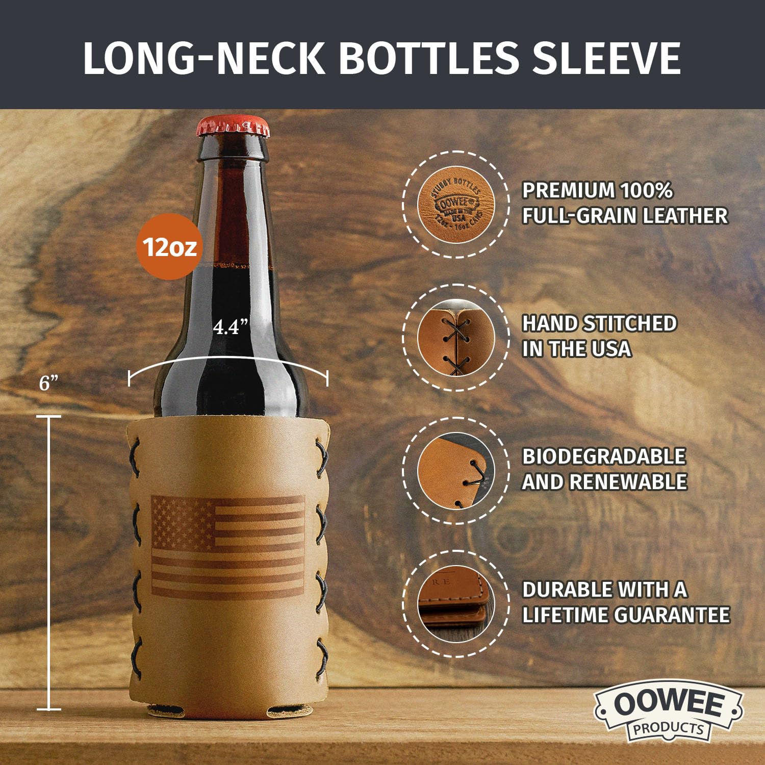 Oowee Genuine Leather Beer Bottle Sleeve Holder | Insulated 12oz Longneck Bottle Cover for Soda, Beer & Seltzer | USA Made American Flag Design | Perfect for BBQs, Tailgating & Outdoor Parties