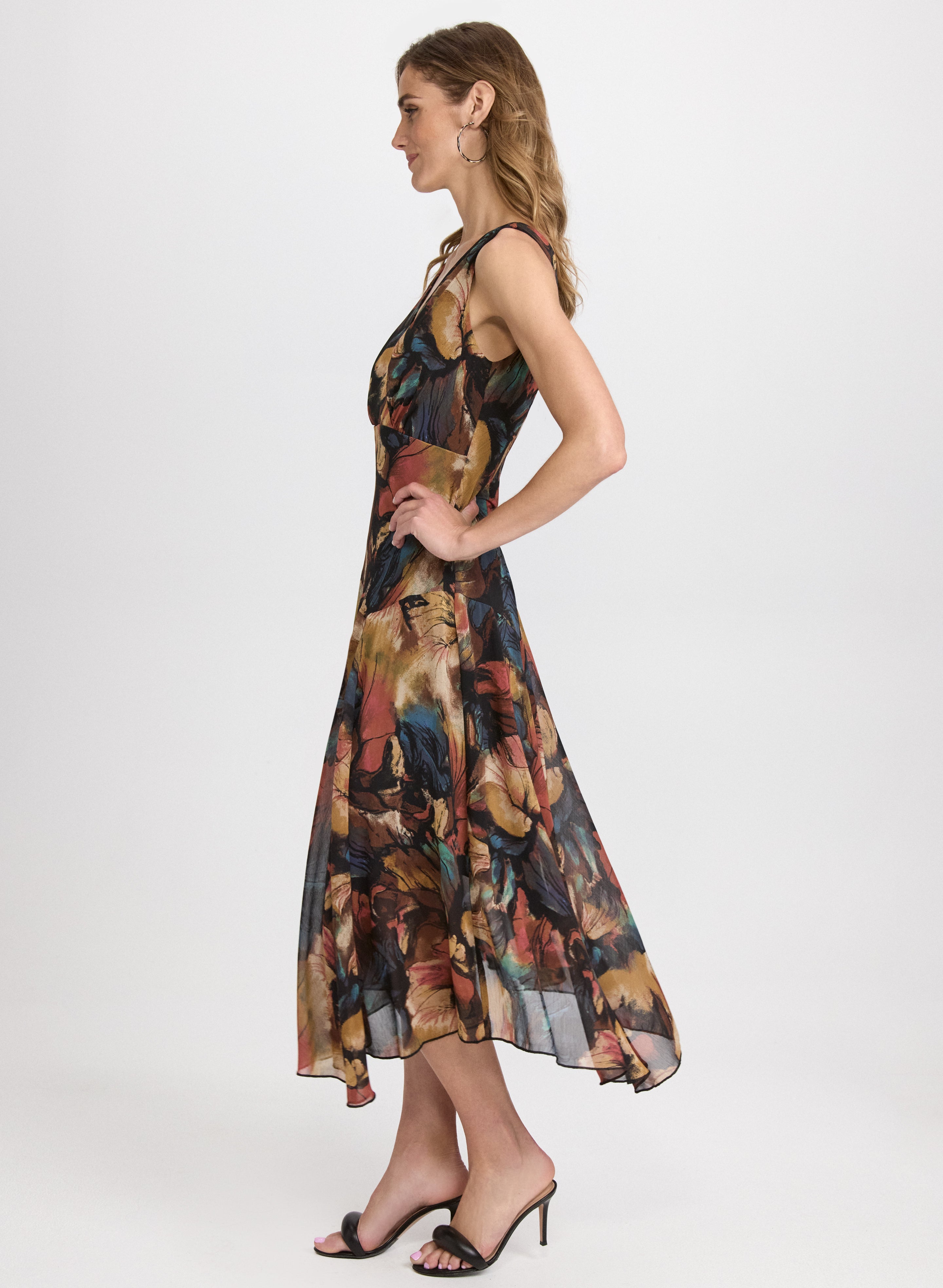 Floral Chiffon Midi Dress for Women - Elegant Summer Party Dress with Flowy Skirt & V-Neckline | Perfect for Weddings, Garden Parties & Date Nights