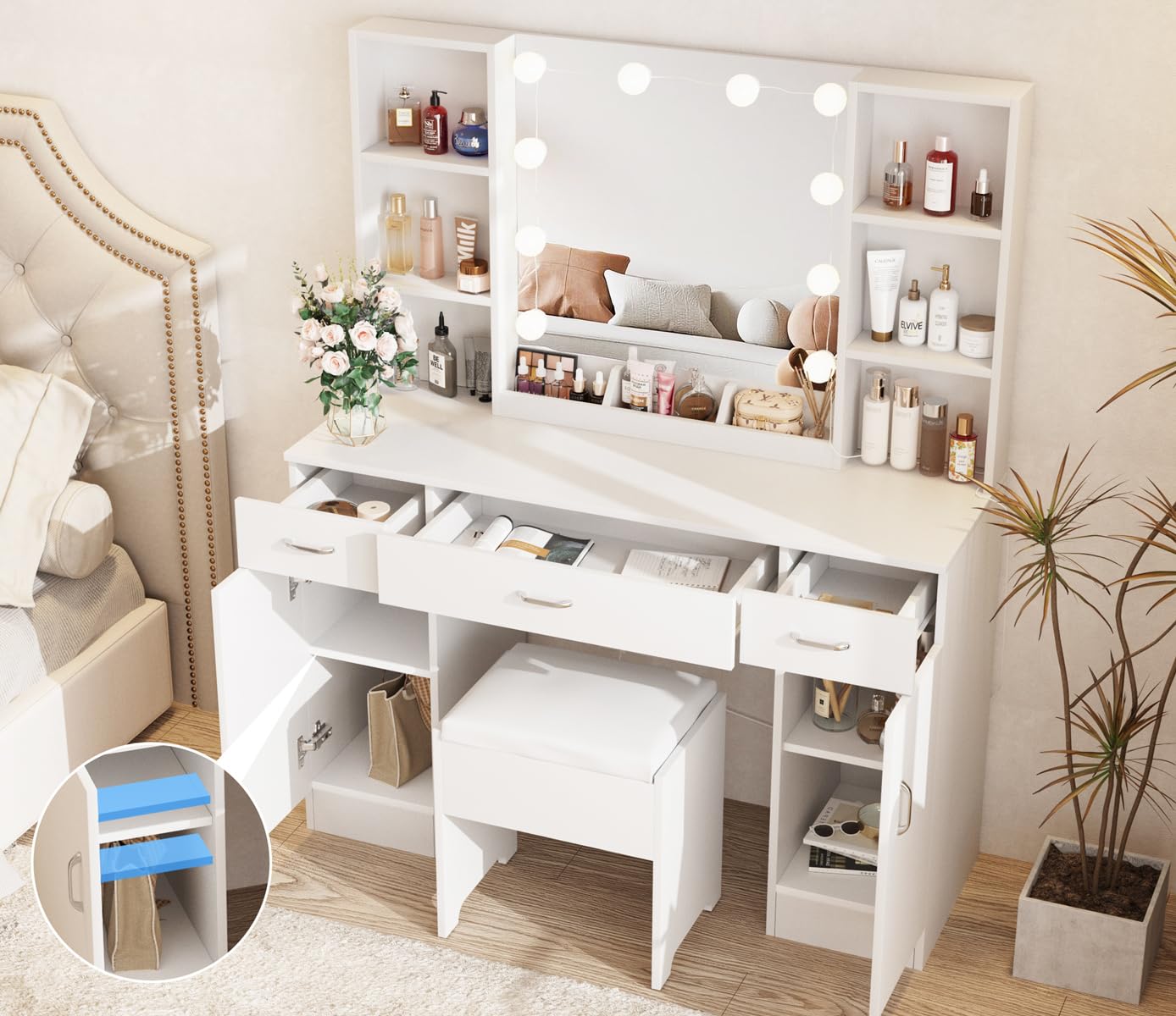 Vabches Lighted Vanity Mirror Makeup Desk Set with Comfortable Bench & Side Cabinets - 45.2 Inch White Vanity Table with Ample Storage Space | Perfect for Bedroom, Dressing Room & Beauty Salon Organization