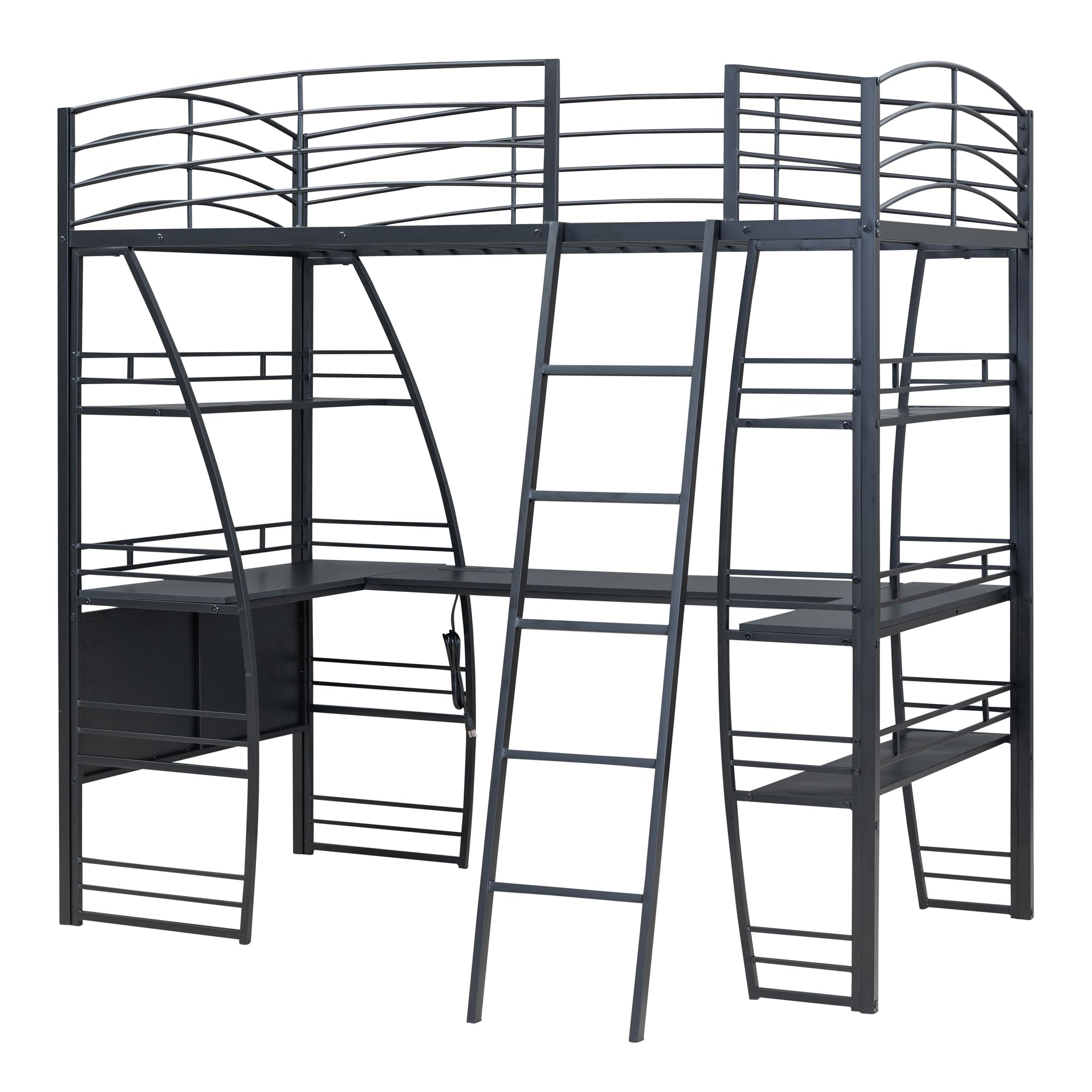 Harper & Bright Designs Twin Size Loft Bed with 4-Tier Shelves & L-Shaped Study Desk - Sturdy Metal Frame with Built-in USB Ports, Power Outlets & Wireless Charging - Space-Saving Black Loft Bed for Kids & Teens - Perfect for Small Bedrooms, Dorms & Studio Apartments