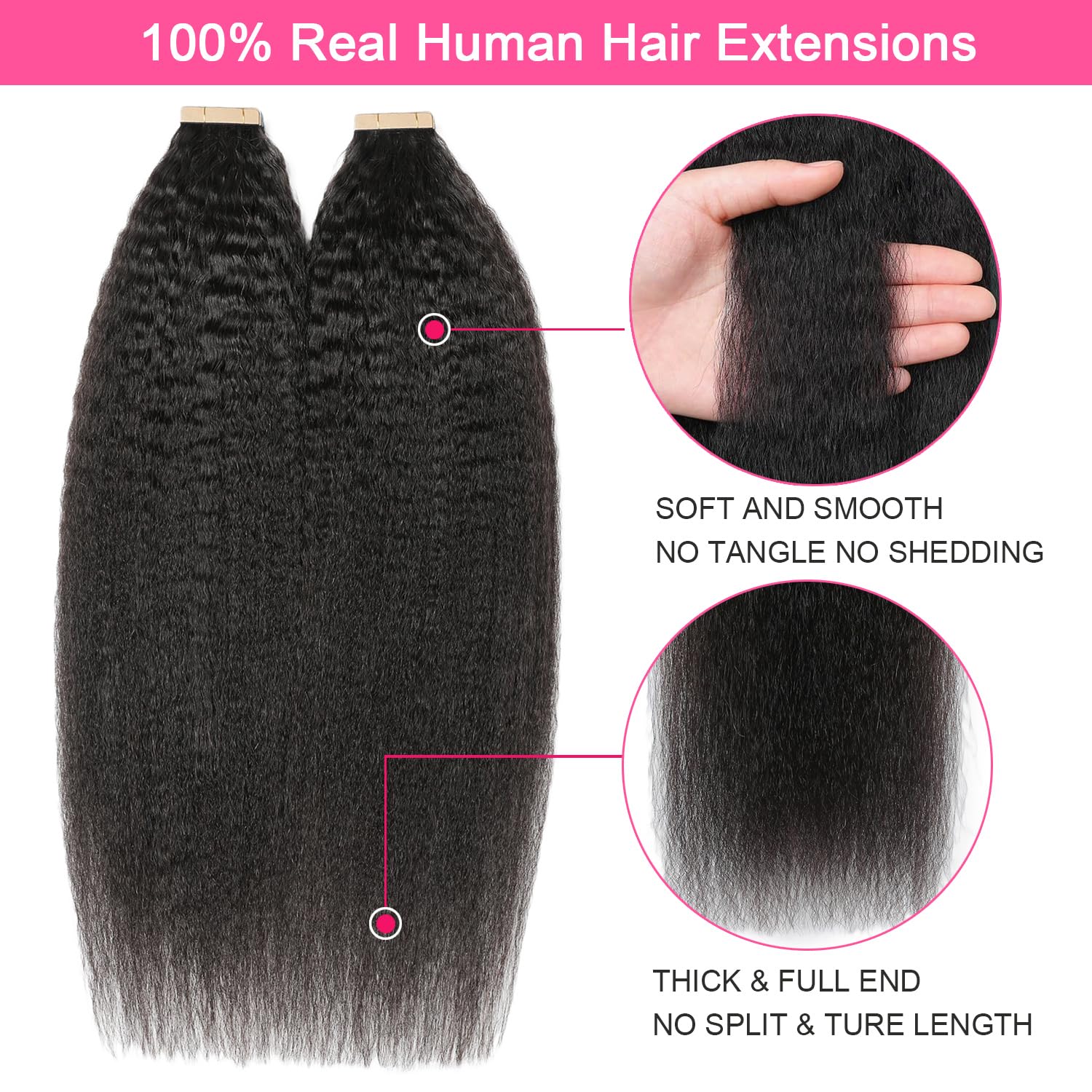 40Pcs Kinky Straight Tape in Hair Extensions - 100% Human Hair, Natural Black, 14 Inch, Invisible Skin Weft for Seamless Blending | Perfect for Black Women's Protective Styles, Weddings & Everyday Glam