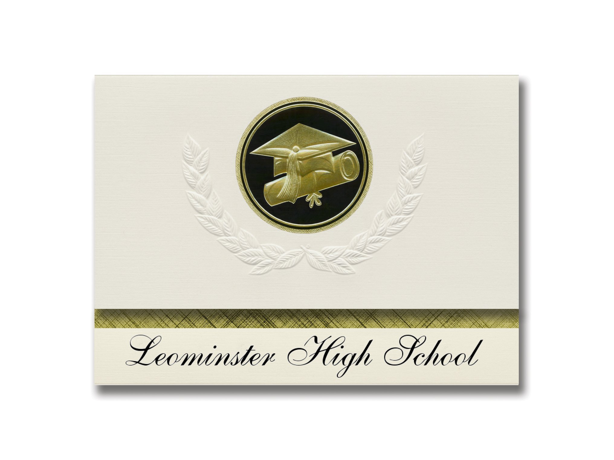 Leominster High School Graduation Announcements - Presidential Style Elite Package of 25 with Cap & Diploma Seal in Black & Gold | Formal Graduation Ceremony Invitations for MA Students