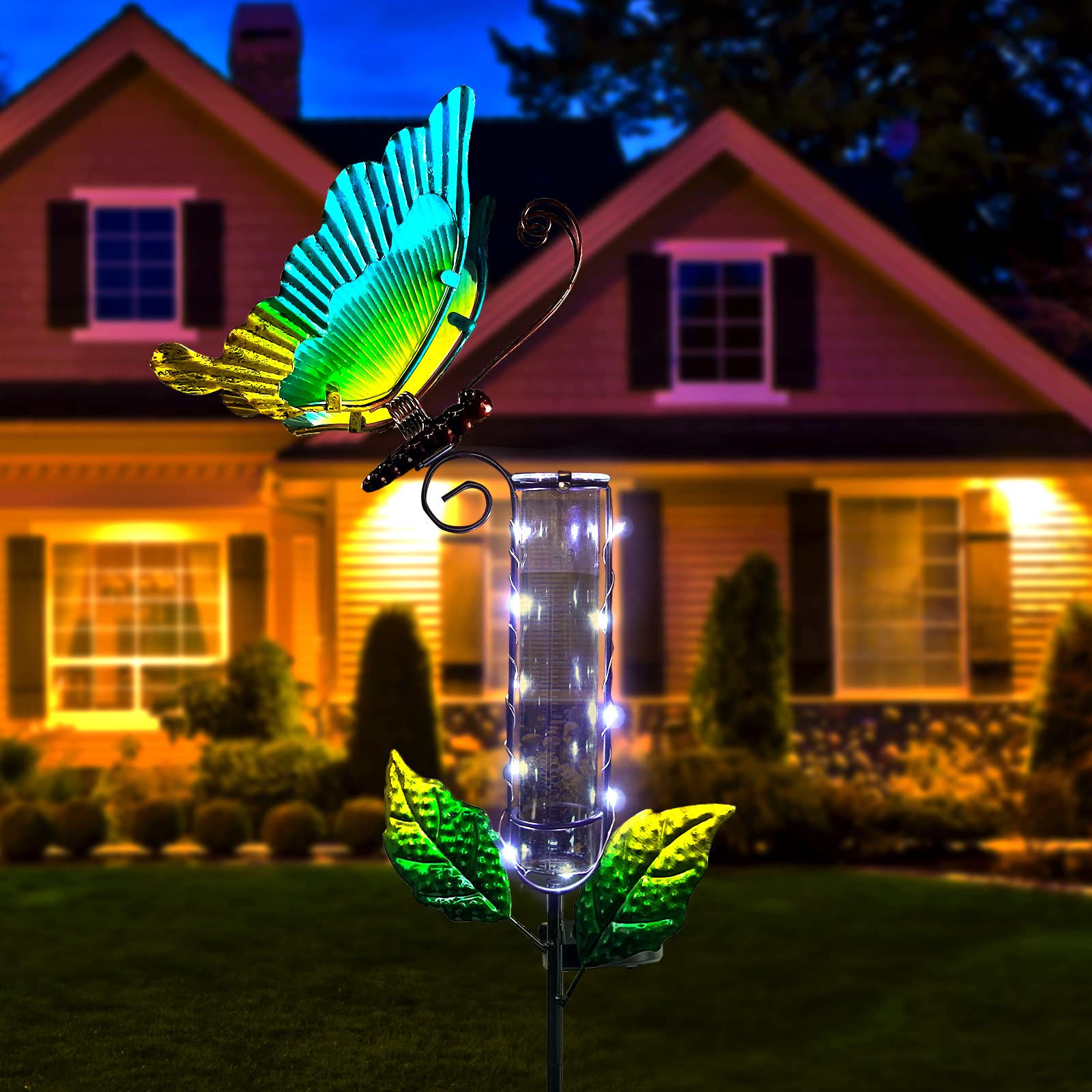 Solar-Powered Outdoor Rain Gauge with Metal Butterfly Stakes & Replaceable Glass Tube - Weather-Resistant Garden Decor for Patio, Balcony, Yard - Perfect Unique Holiday Gift for Garden Lovers (Ideal for Weather Monitoring, Outdoor Decoration & Gift-Giving)