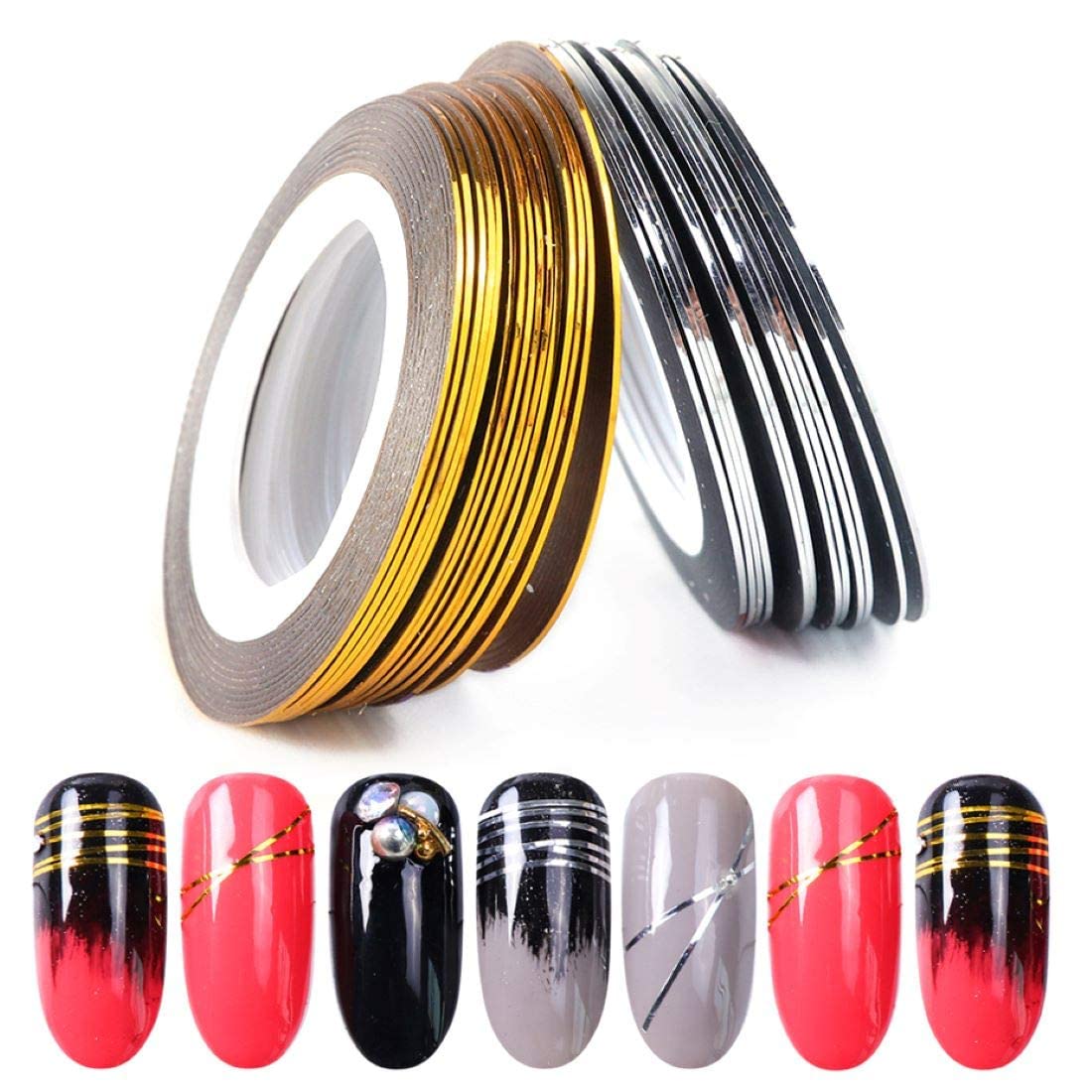 NAILWIND Nail Art Tip Sticker & Striping Tape Set - 10PC Gold & Silver Foil Decorative Nail Stickers for DIY Manicure - Perfect for Parties, Weddings, and Salon Nail Designs