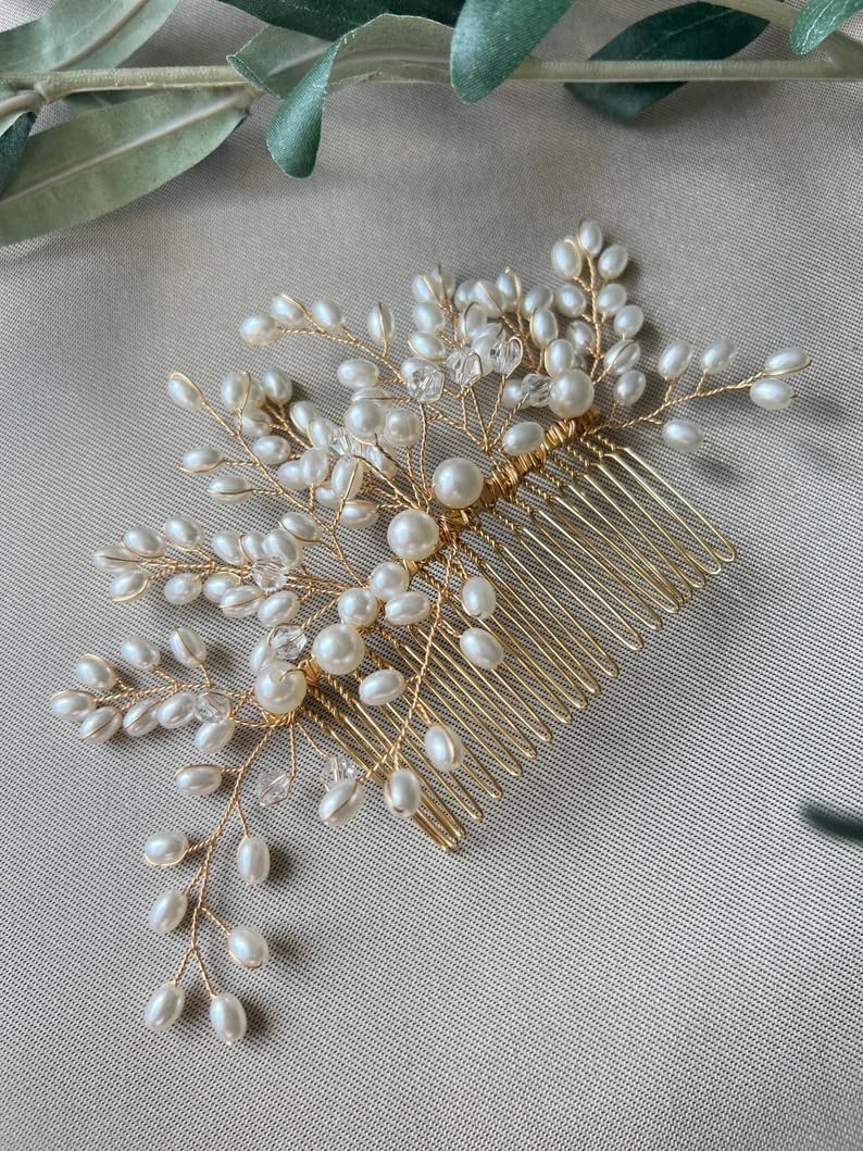 Elegant Golden Pearl Hair Comb - Bridal Hair Accessories for Wedding, Bridesmaid, and Special Occasions | Floral Hair Pin, Bun Comb, Juda Pin, Hair Jewelry Brooch | Perfect for Weddings, Prom, and Formal Events