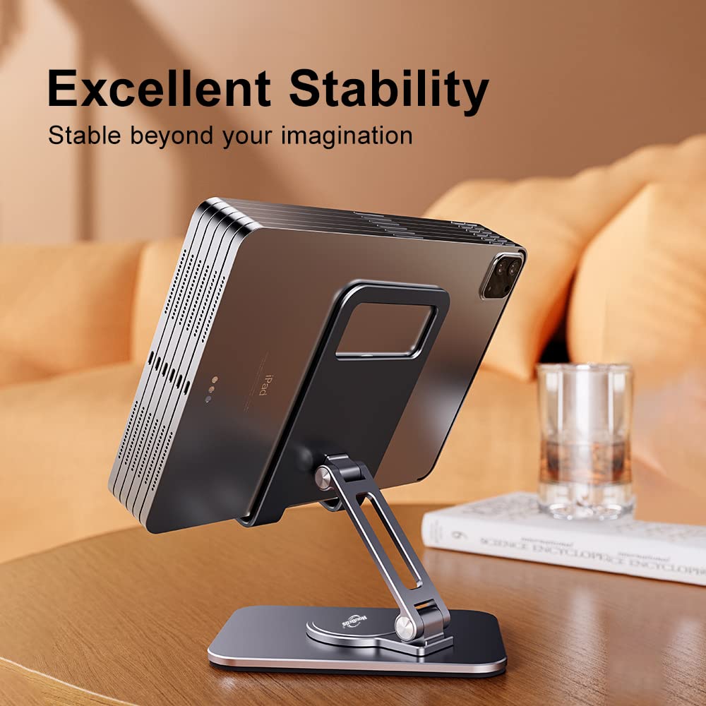 HouDeOS Rotatable & Foldable Aluminum Tablet Stand for Desk - Stable iPad Holder Compatible with 4.7-12 Inch Tablets & Smartphones - Perfect for Work, Study, and Entertainment