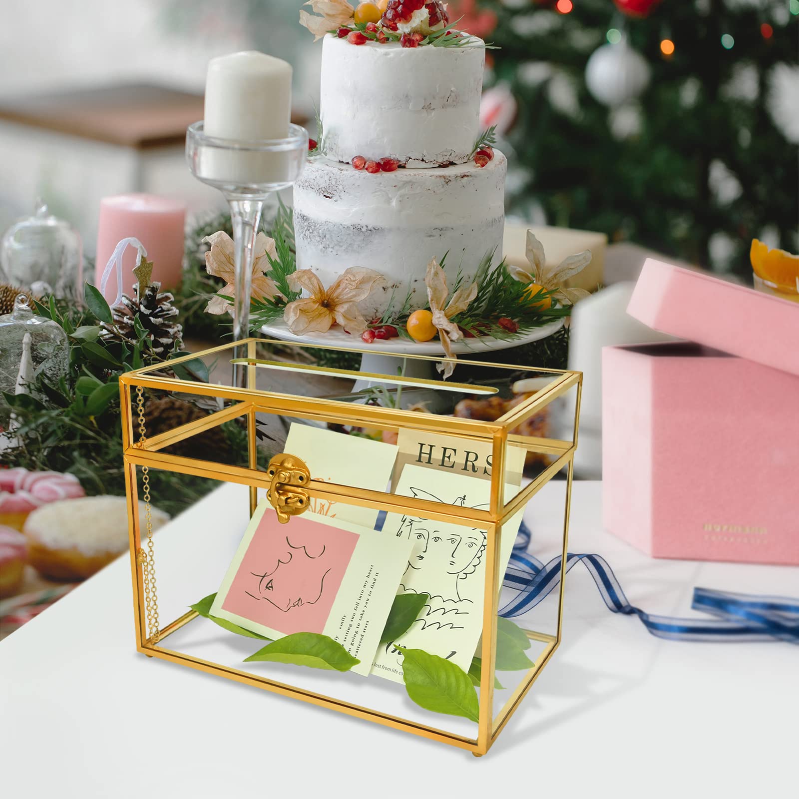 Elegant Gold Glass Card Holder - Rectangle Wedding Envelope Box with Slot & Foot, Perfect for Reception, Party Centerpiece, Gift Card Display & Home Decor