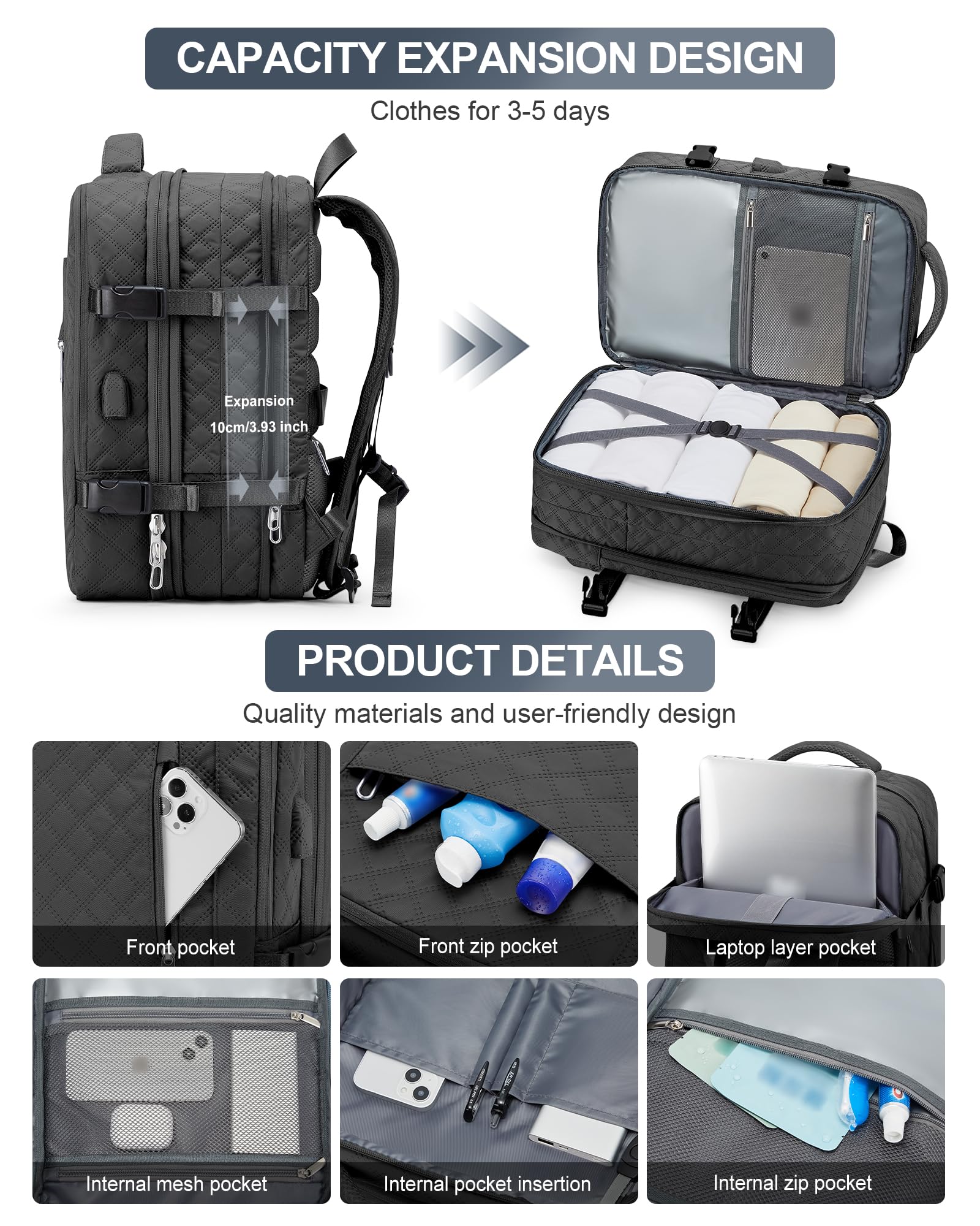 VGCUB Expandable Travel Backpack for Women & Men - Airline Approved Carry On Backpack with Waterproof Laptop Compartment - Perfect for Gym, Hiking, College, Work & Daily Use - Casual Daypack Rucksack in Black