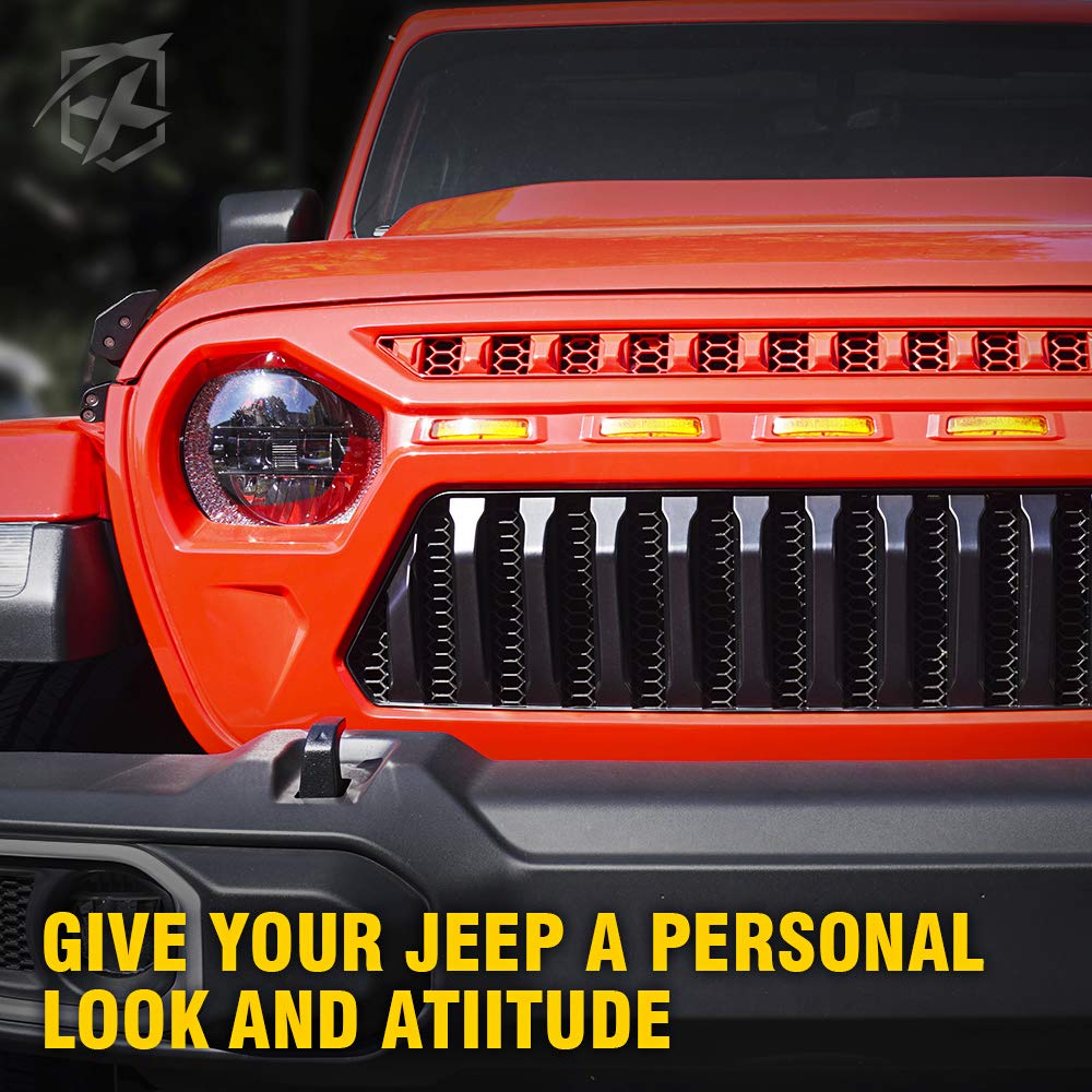 Xprite Black Front Grille with Amber LED Running Lights for 2018-2021 Jeep Wrangler JL & JT | Off-Road Style Upgrade | Perfect for Night Driving & Off-Road Adventures