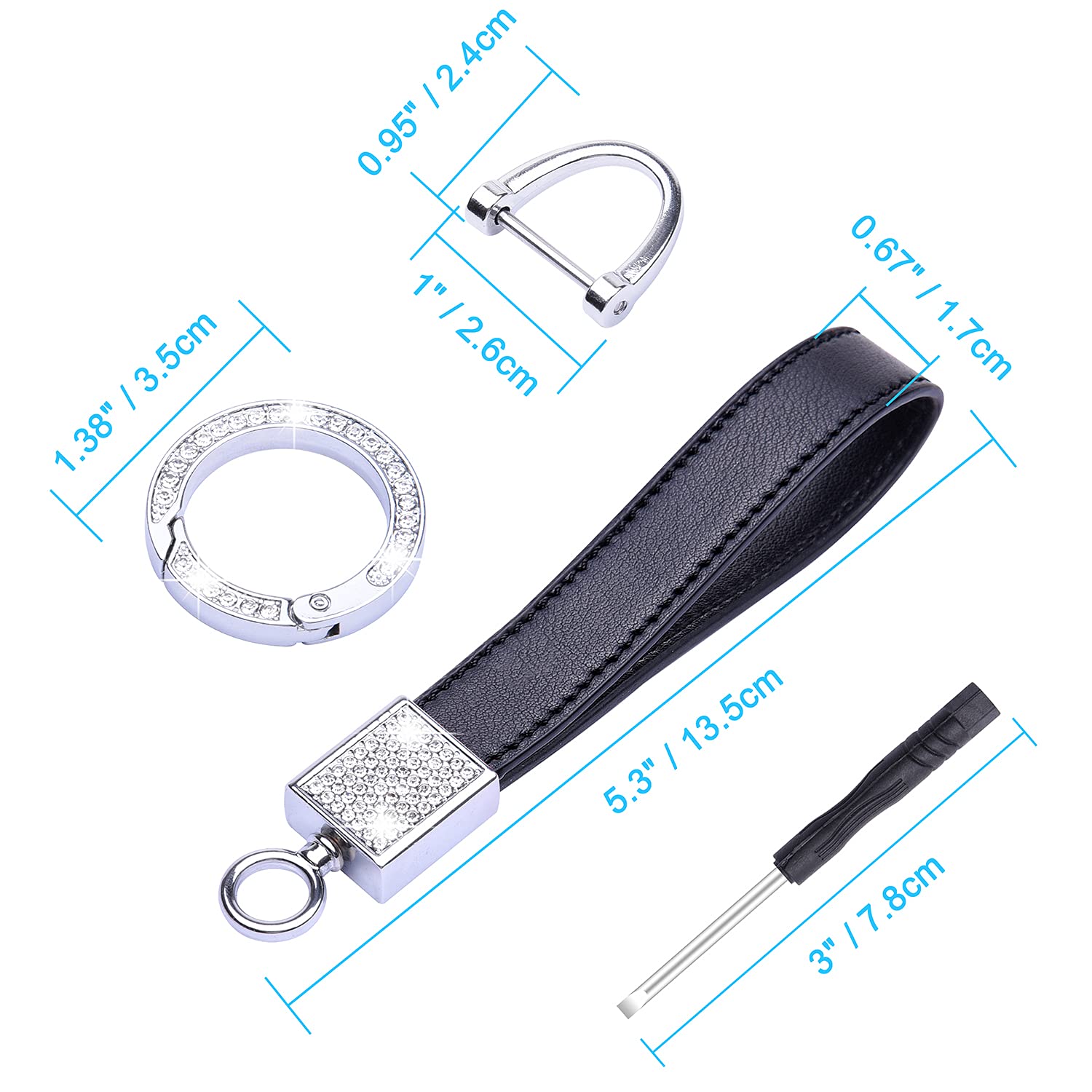 Premium Bling Leather Car Keychain for Women - Universal Genuine Leather Key FOB with Anti-Lost D-Ring & 2 Keyrings (Black) | Perfect Gift for Car Owners, Great for Key Organization & Style Enhancement